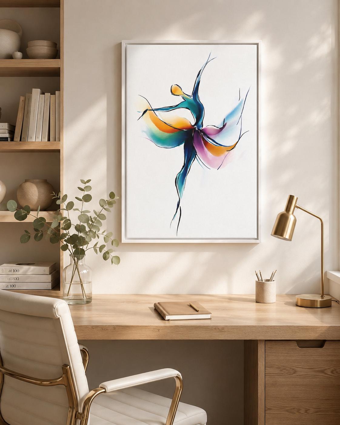 Woman stretching in a dance studio with a framed abstract dancer artwork on the wall