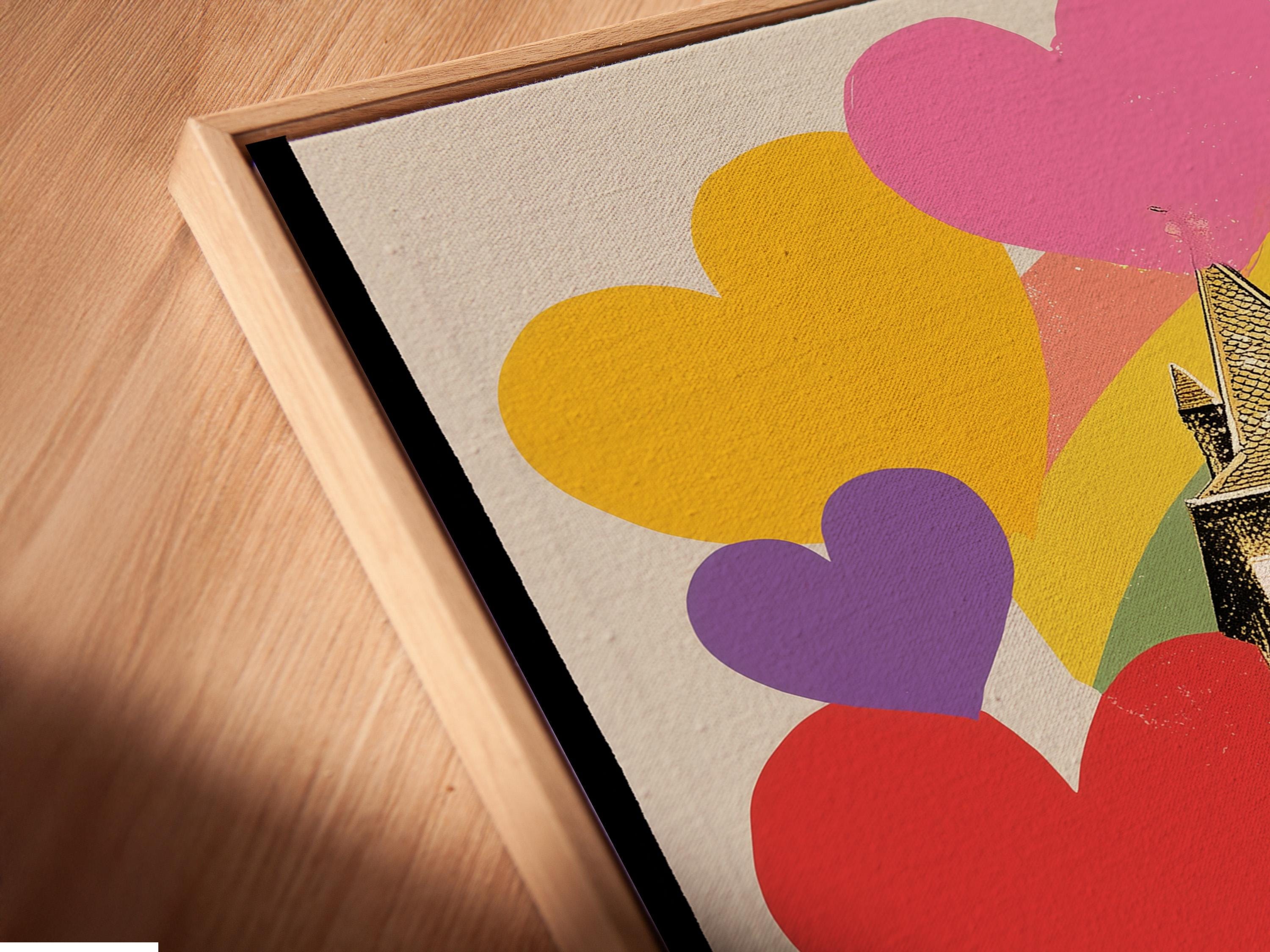 A person holding a mug sitting in a bedroom with a framed rainbow hearts church artwork on the wall