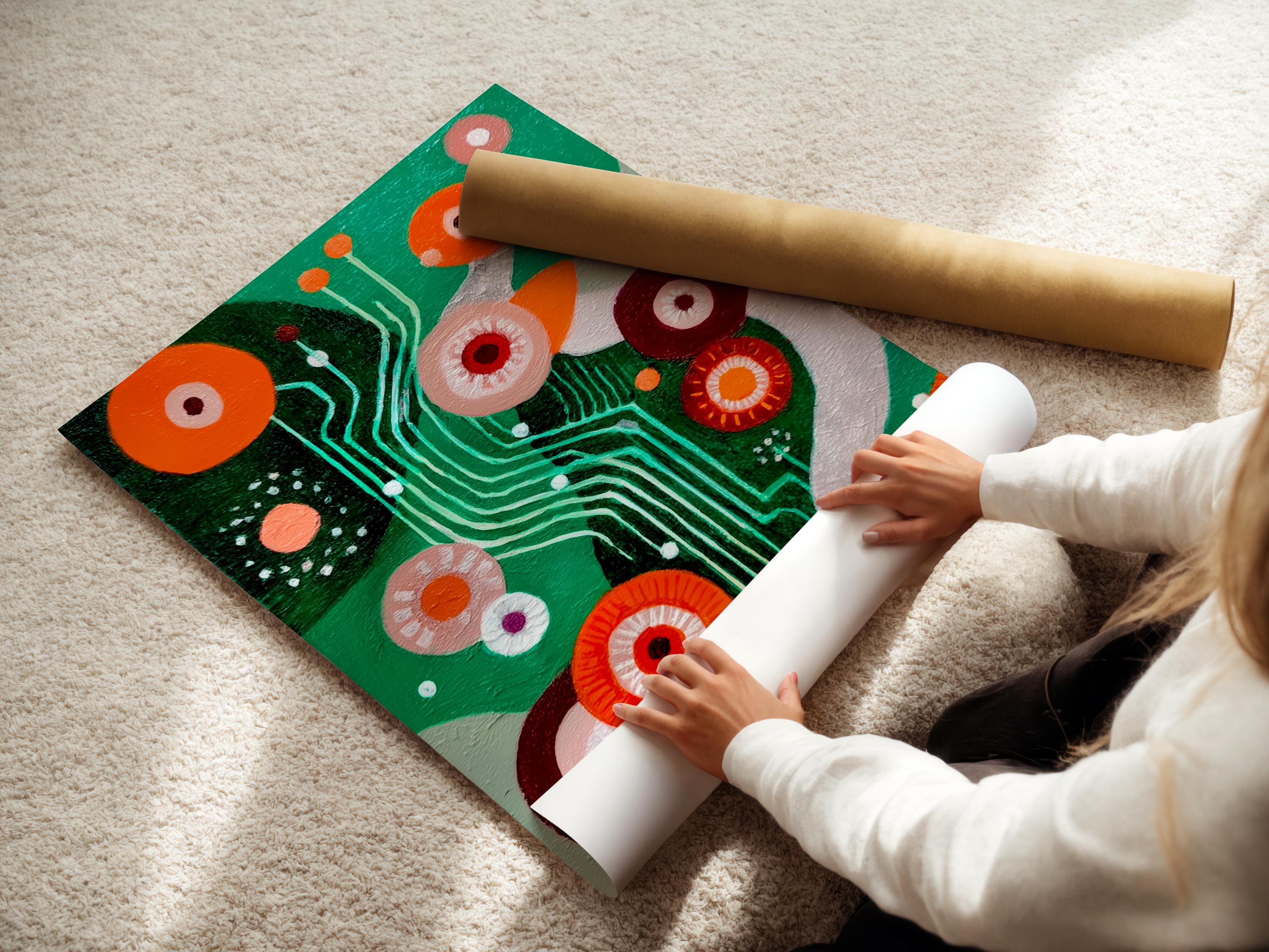 Green abstract artwork with orange and maroon circles, teal curved lines and dotted accents detail view
