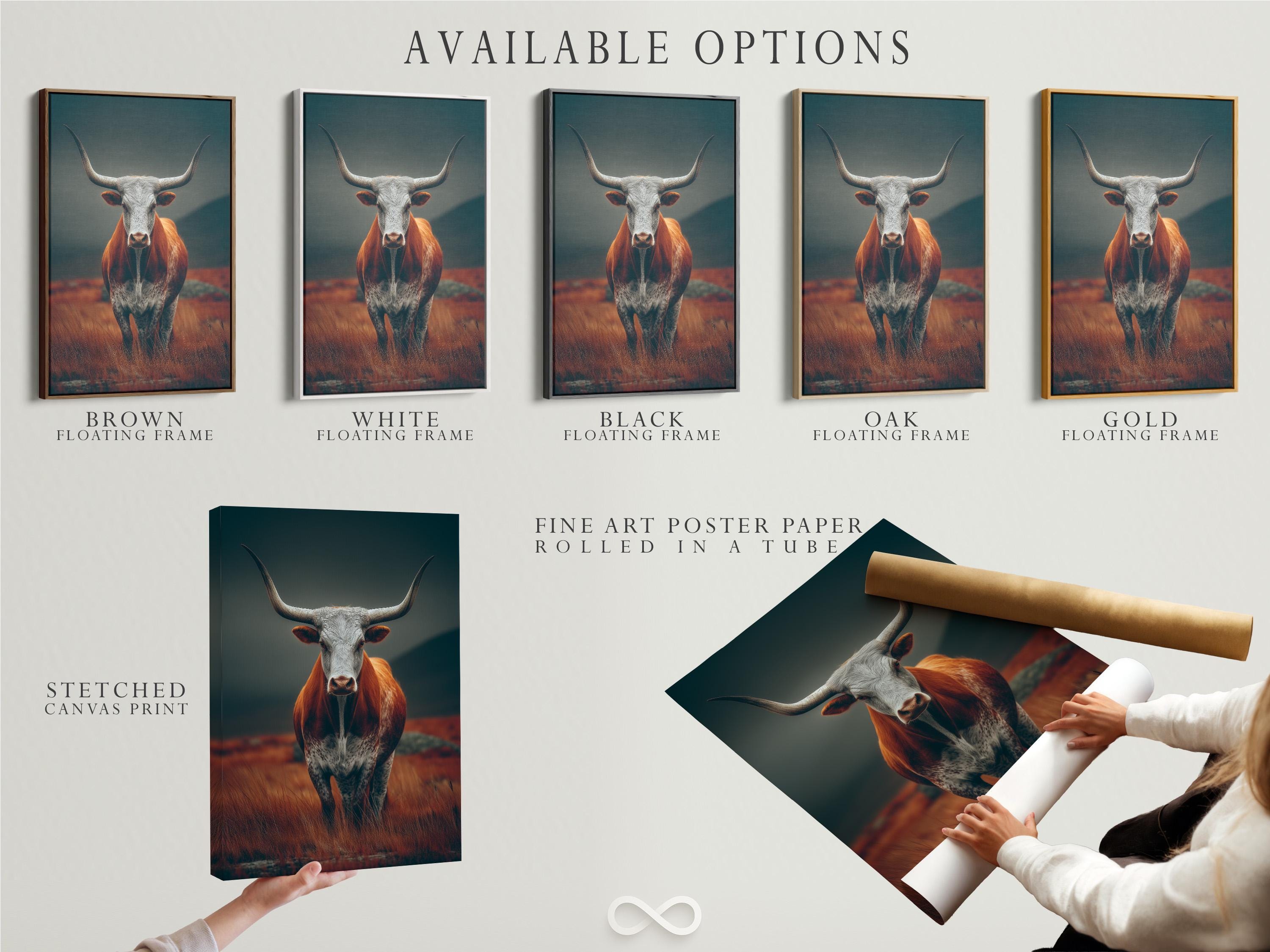 Longhorn cow artwork displayed in a framed mockup with teal and rust tones