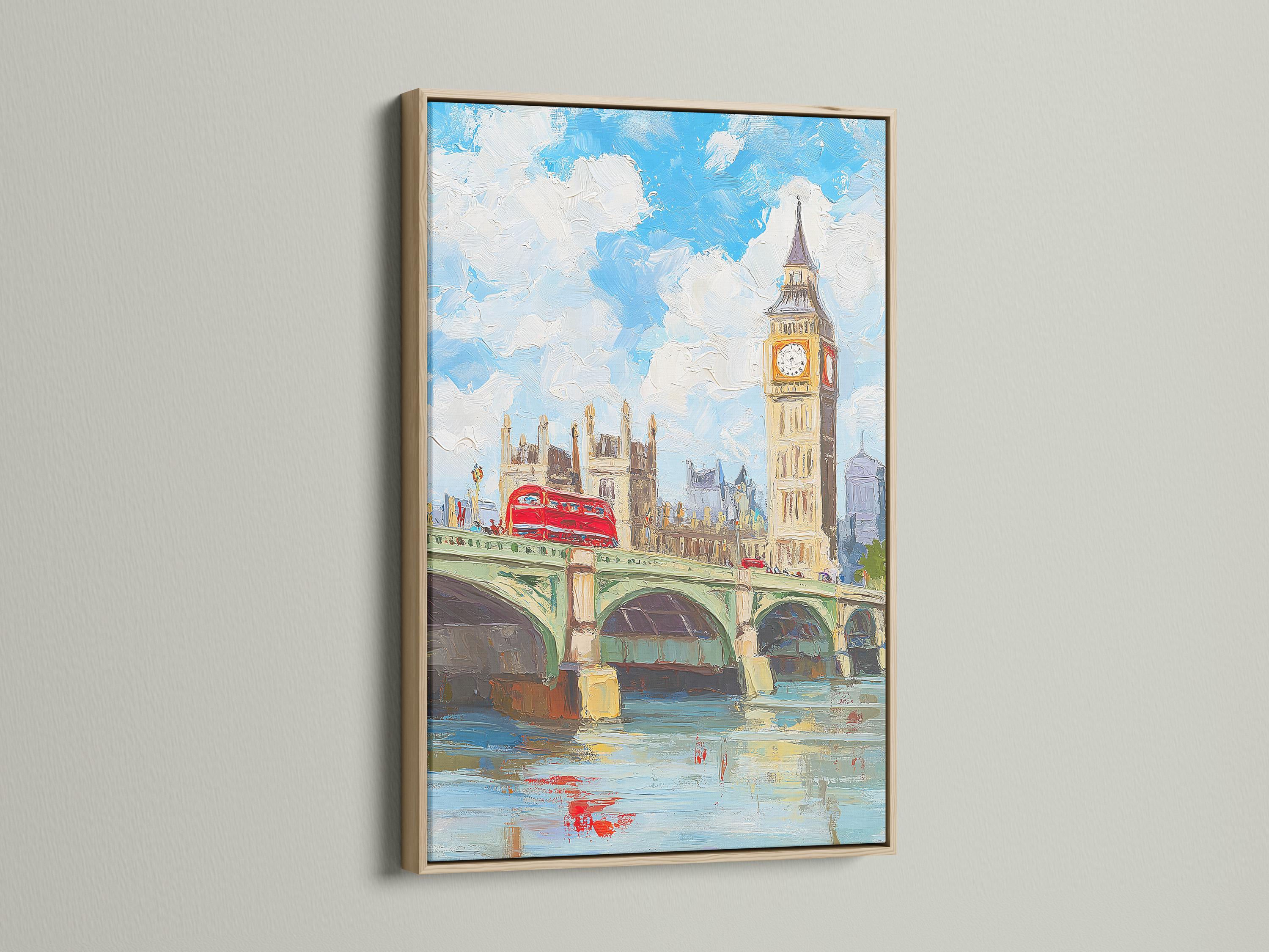 Room mockup with a framed blue cityscape artwork above a wooden sideboard and dining table
