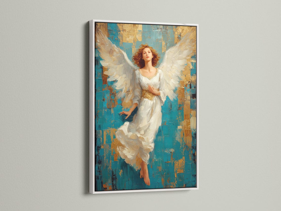 Winged angel portrait with flowing white robes against a teal and gold textured background detail view