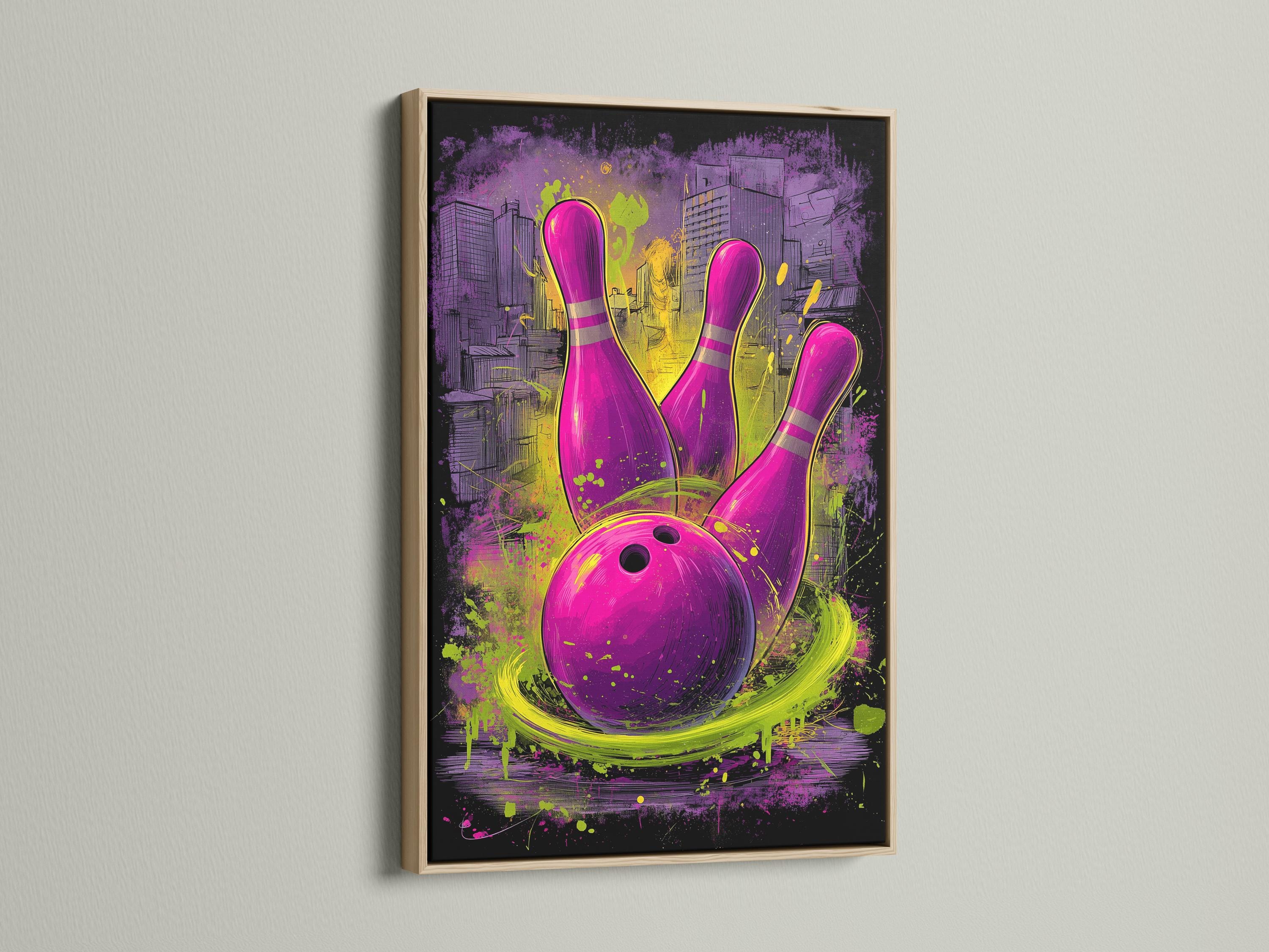 Neon purple bowling pins and ball with lime-green graffiti splashes over a city skyline detail view