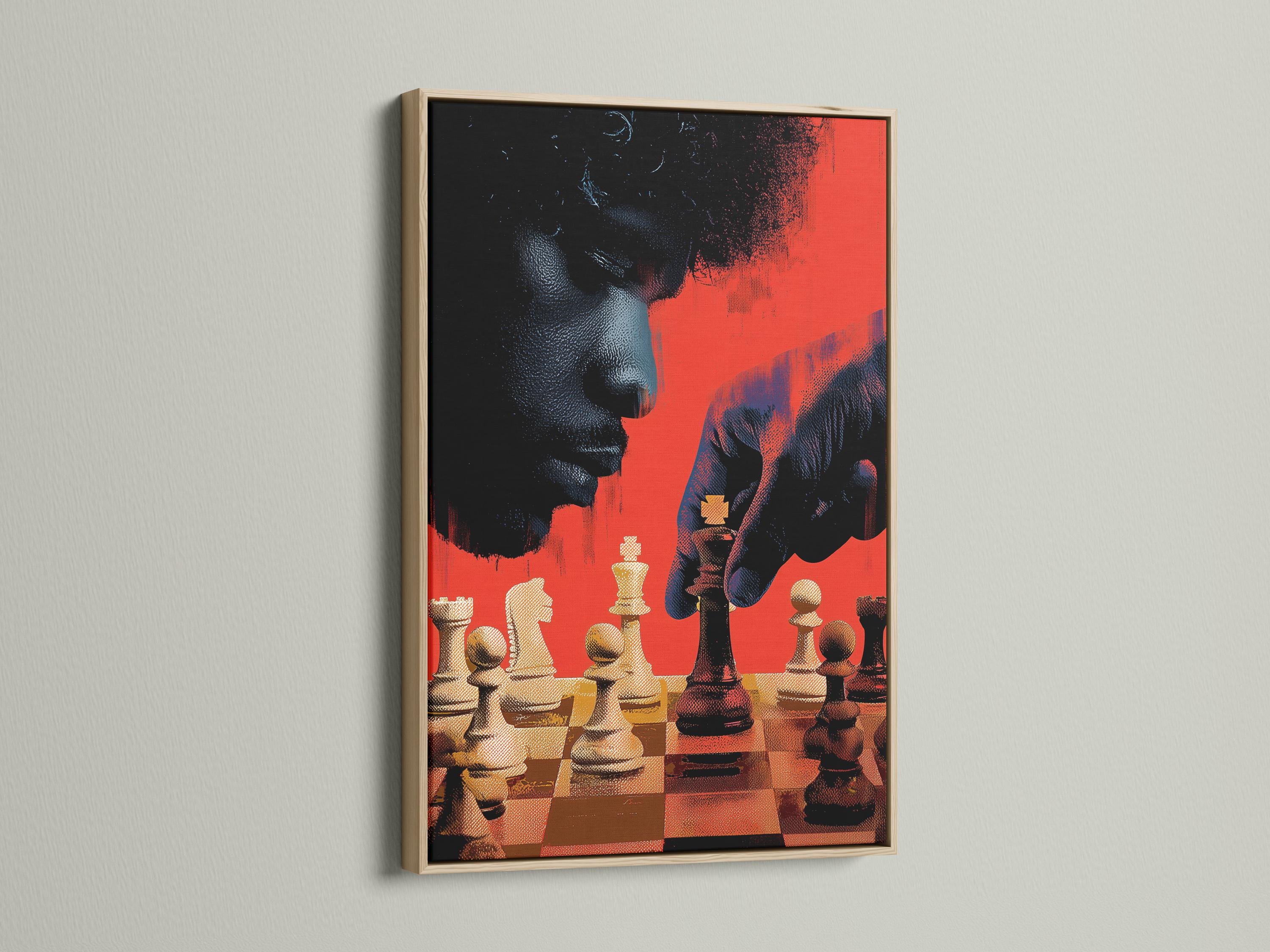 Abstract chess composition with red and black background and warm gold chess pieces detail view
