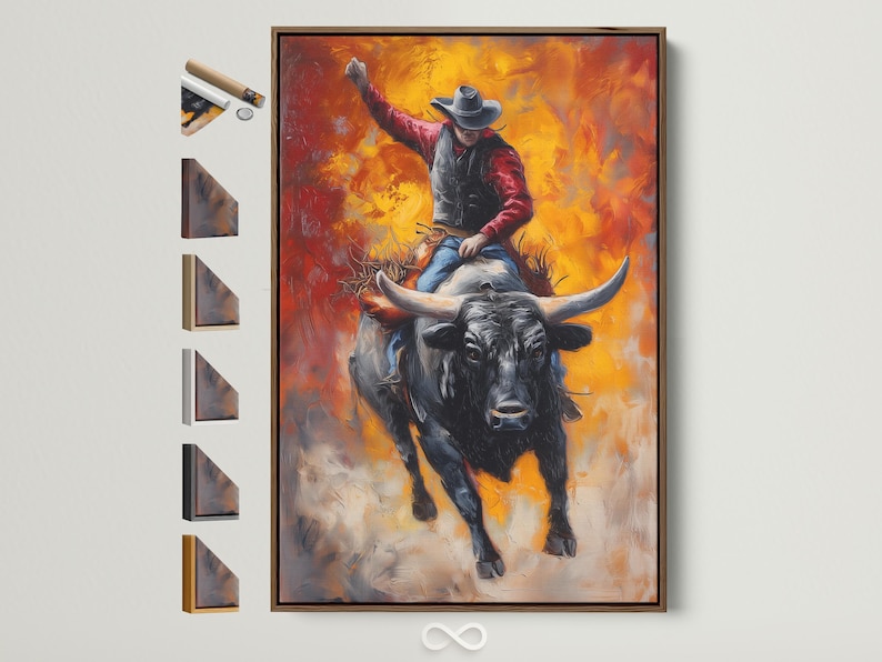 Cowboy riding a black bull in a western scene with flame-like orange and gold background
