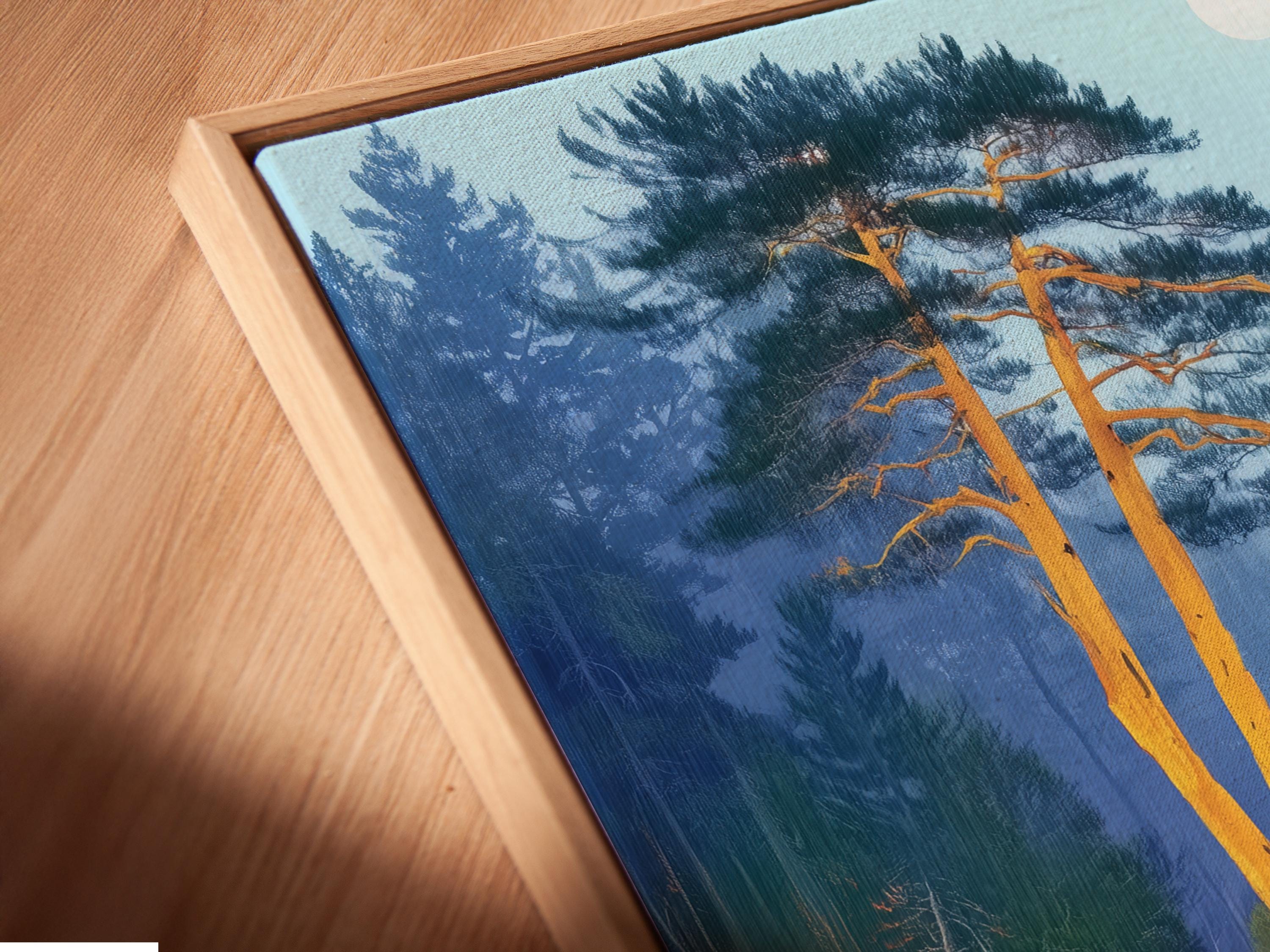 Misty blue lake landscape with golden trees, rocky shore and dark swimming aquatic animals detail view