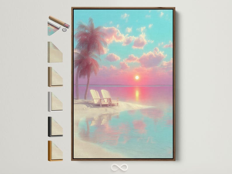 Pastel beach sunset artwork with turquoise sky, pink clouds, palm trees, deck chairs and sun reflections in the water
