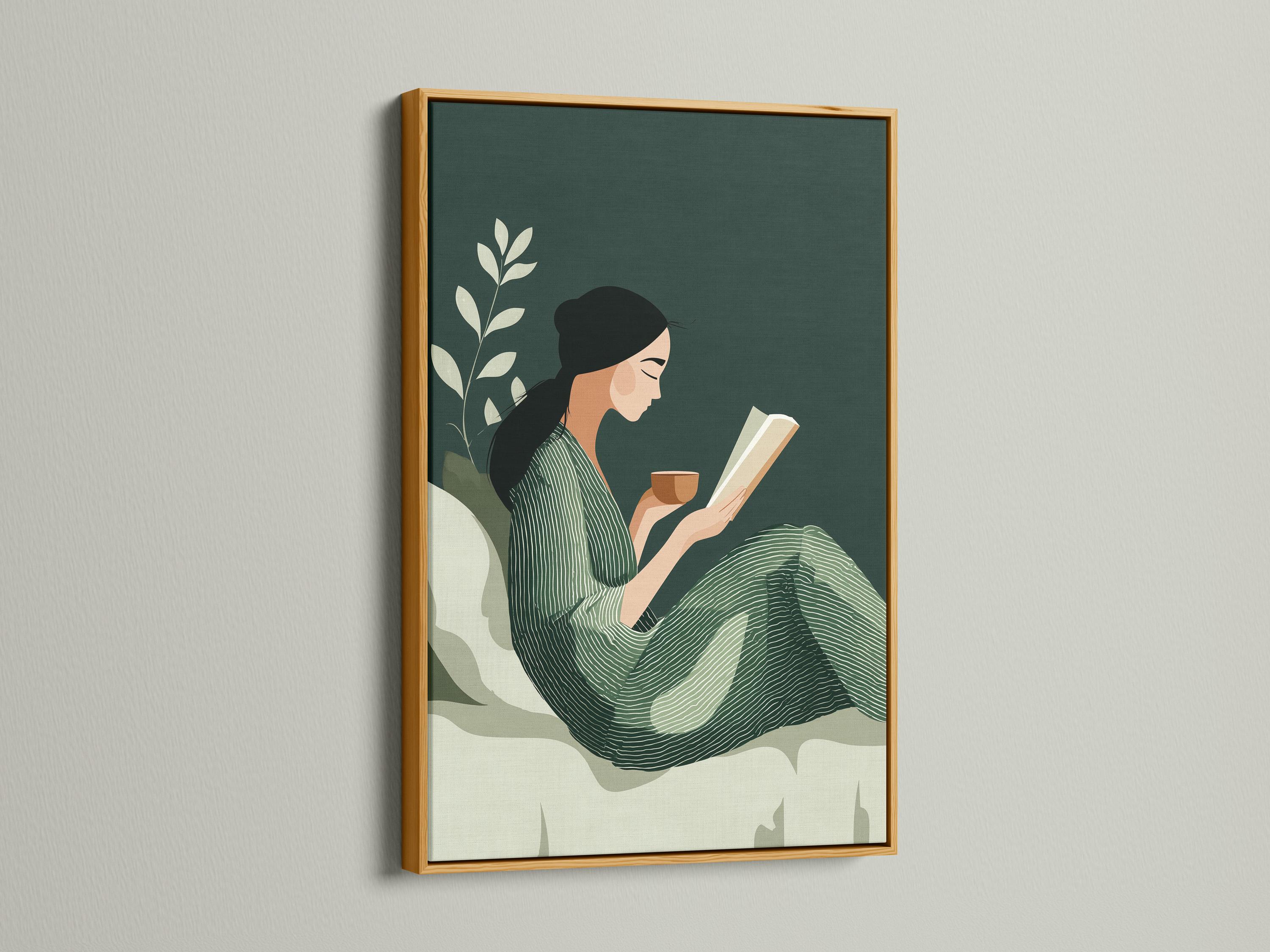 Room mockup showing a framed sage green botanical reading illustration on a wall