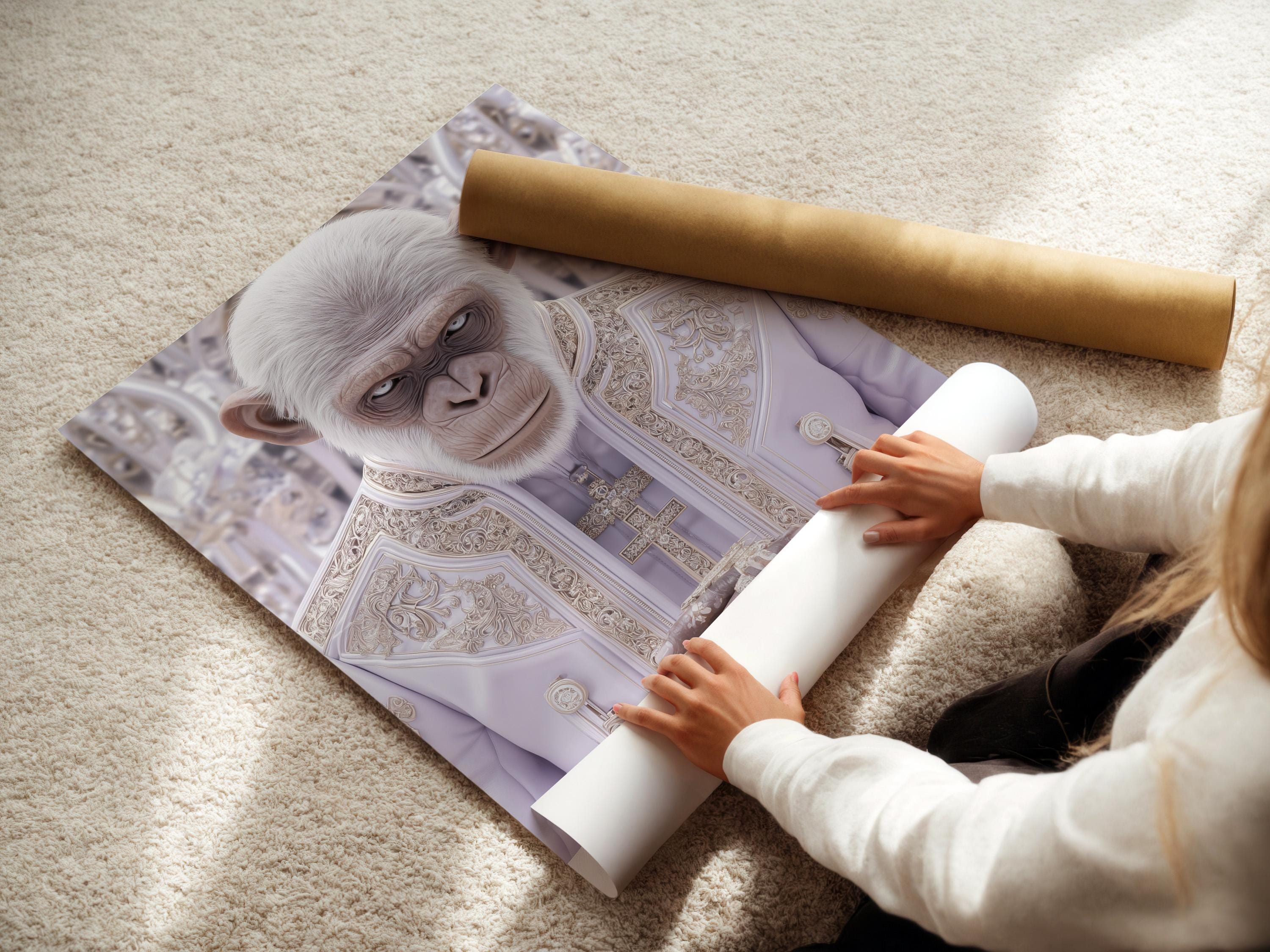 Surreal white monkey-like figure in ornate pale robes with cross motif in a soft lilac background detail view