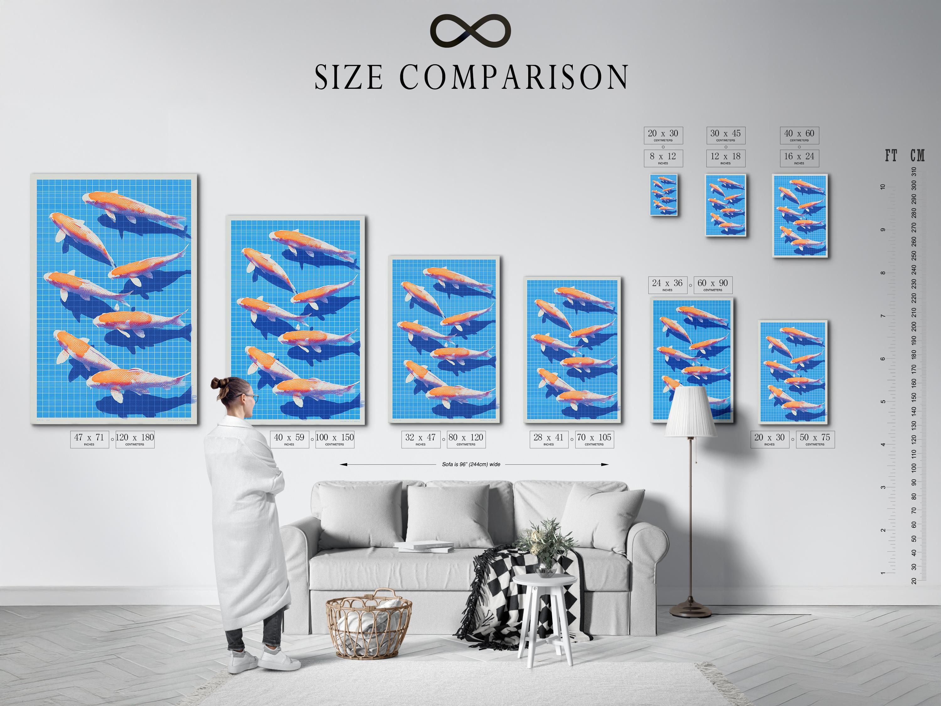 Orange koi fish swimming on a bright blue grid background with dark blue water shapes detail view