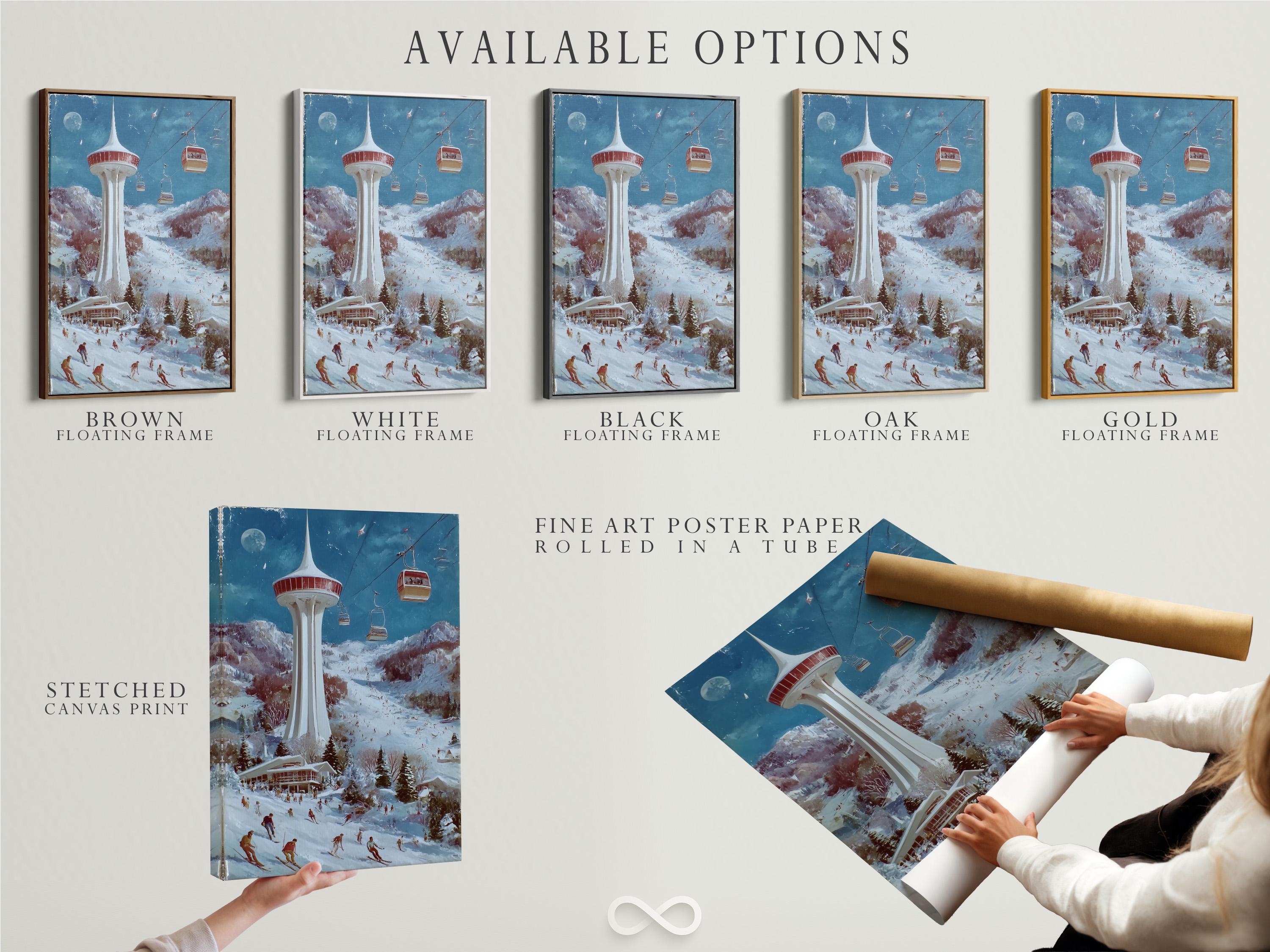 Winter ski resort scene with a tall tower, cable cars and skiers on snowy slopes detail view