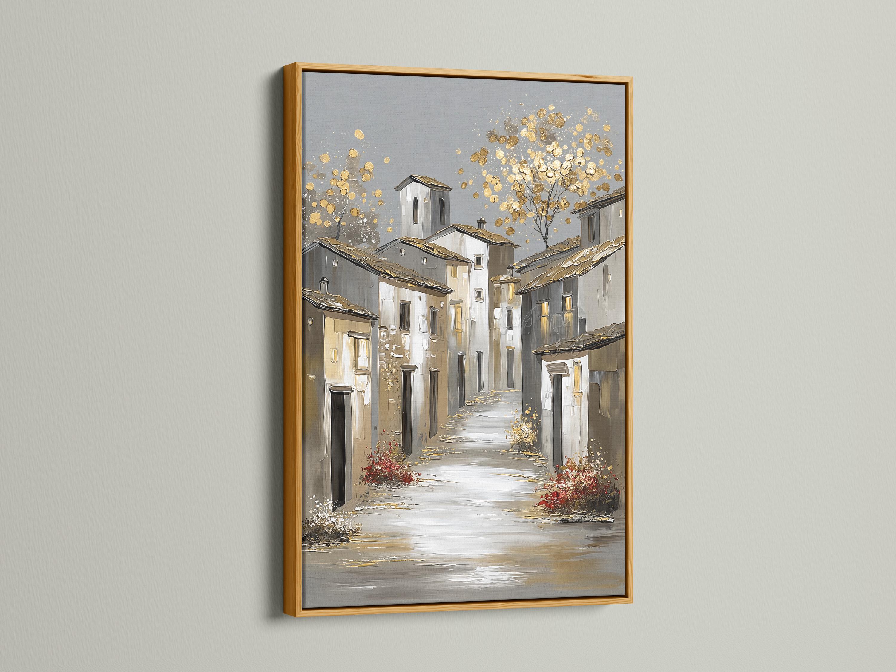 Gold sparkle European village street illustration with white buildings and grey roofs detail view