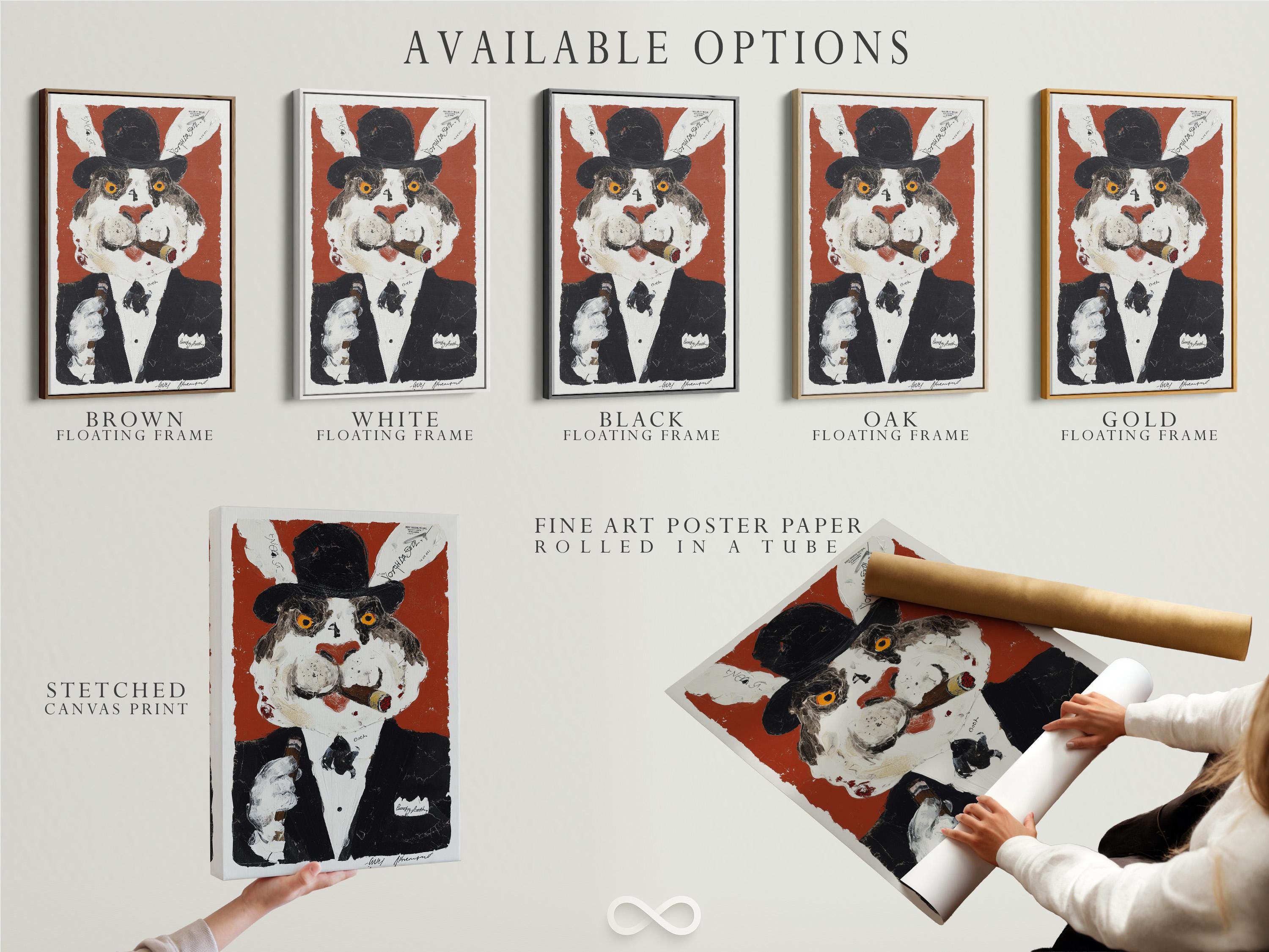 Room mockup showing a framed rabbit gentleman portrait on a wall