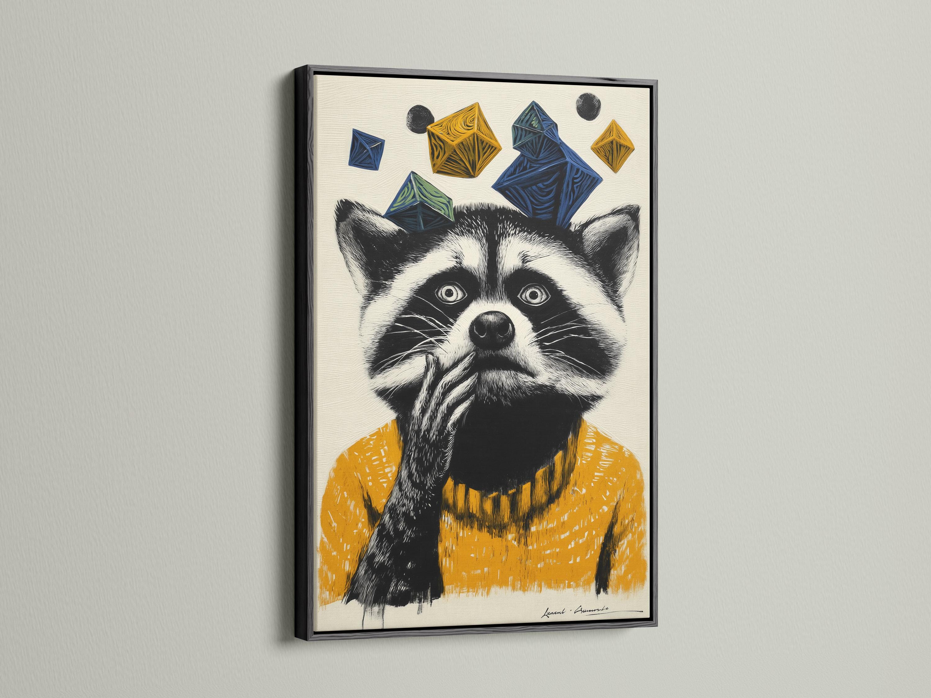 Stylised raccoon portrait with black and white fur, mustard yellow texture, and floating navy geometric shapes detail view