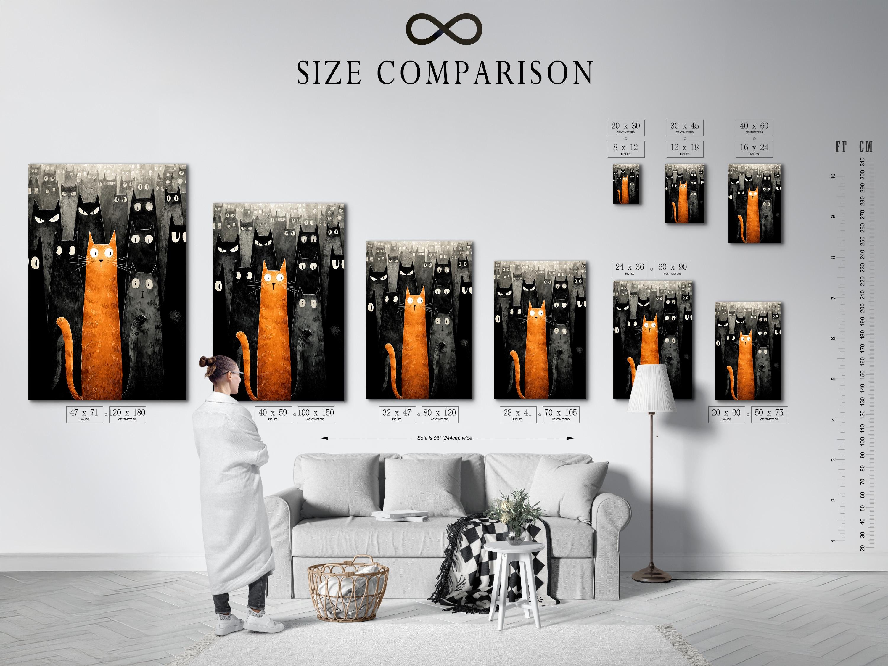 Orange cat and multiple black and grey cats in a textured illustration style detail view