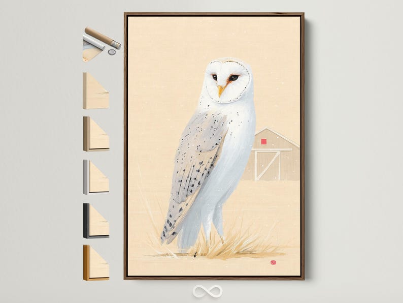 Painterly barn owl with white feathers and an orange beak on pale grass against warm beige background with snow-like specks