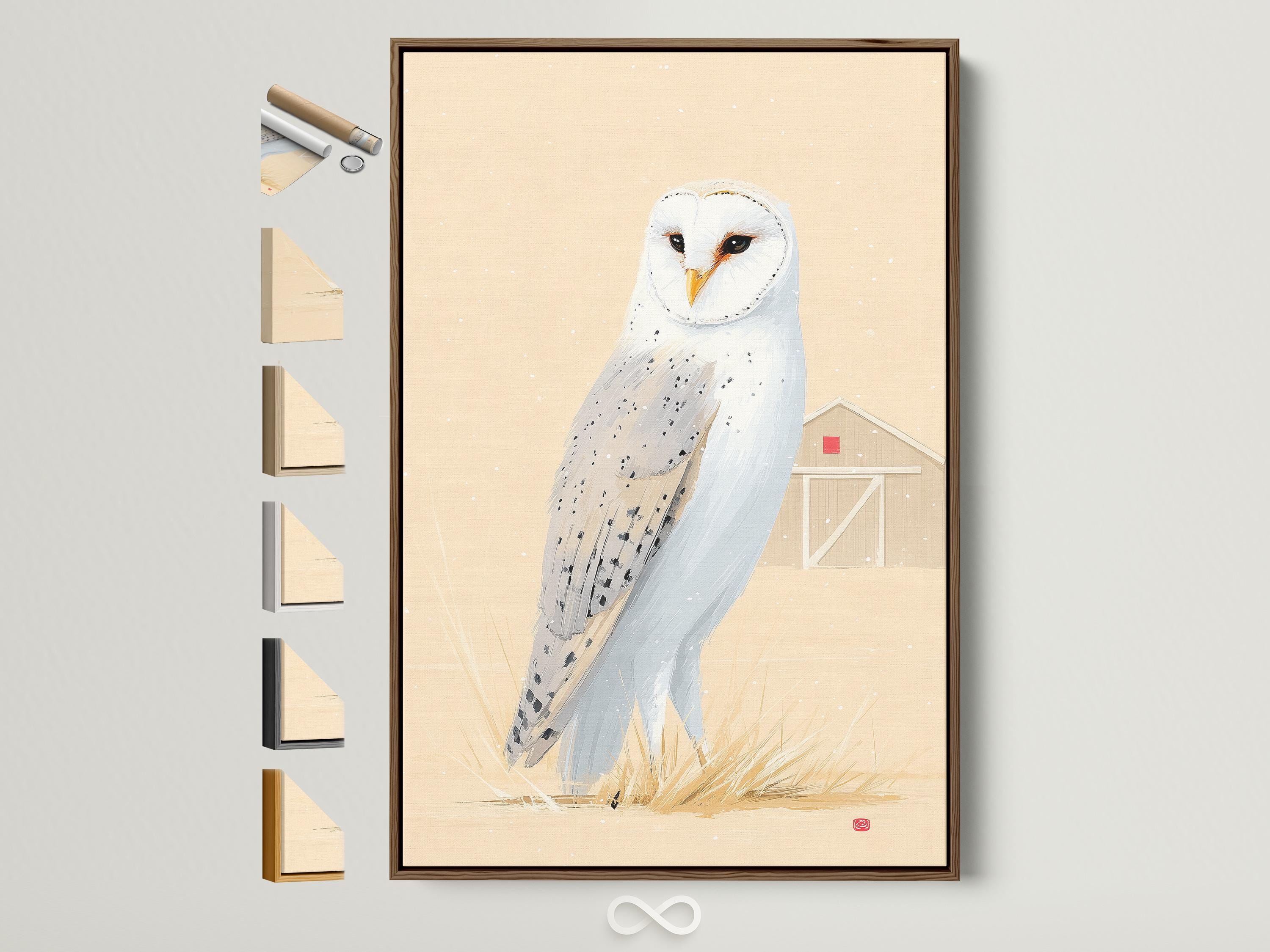 Painterly barn owl with white feathers and an orange beak on pale grass against warm beige background with snow-like specks
