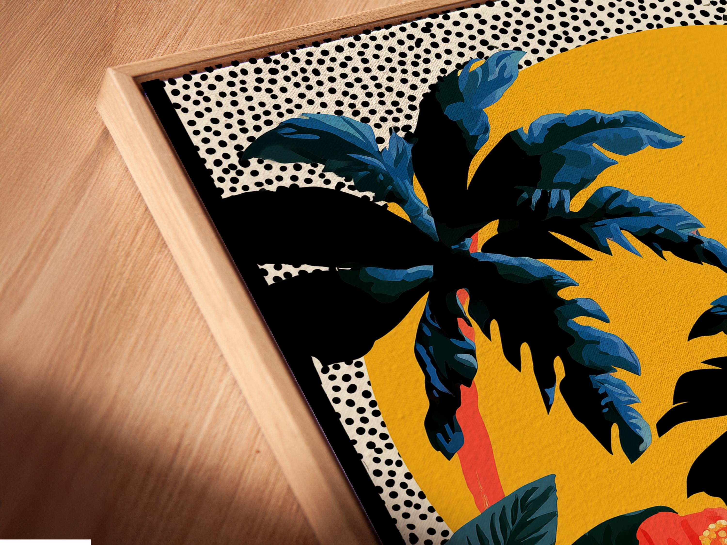 Wall mockup of tropical floral artwork with palm leaves, hibiscus-like flowers, waves and a yellow sun circle