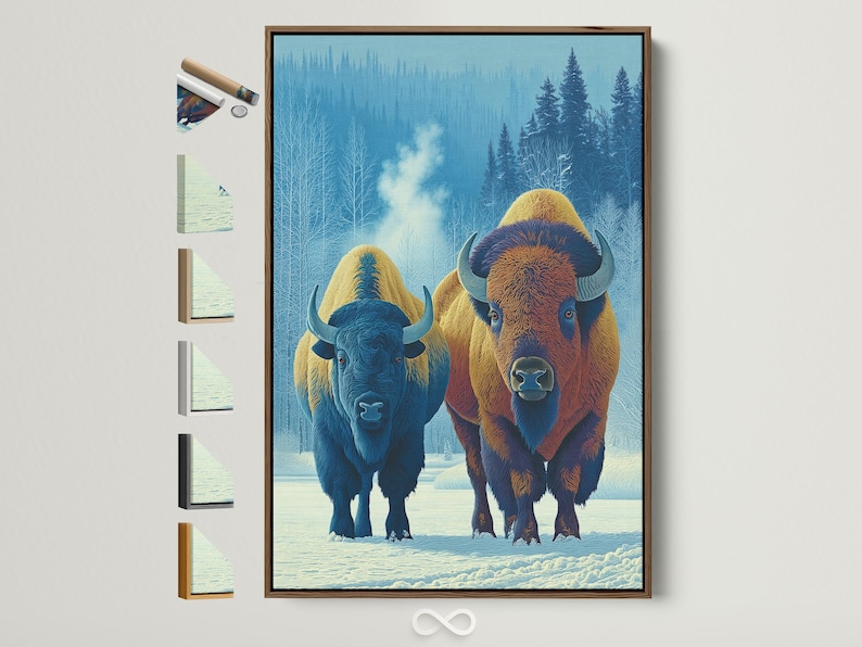 Two stylised bison in a snowy forest scene with cool blue trees and warm fur tones