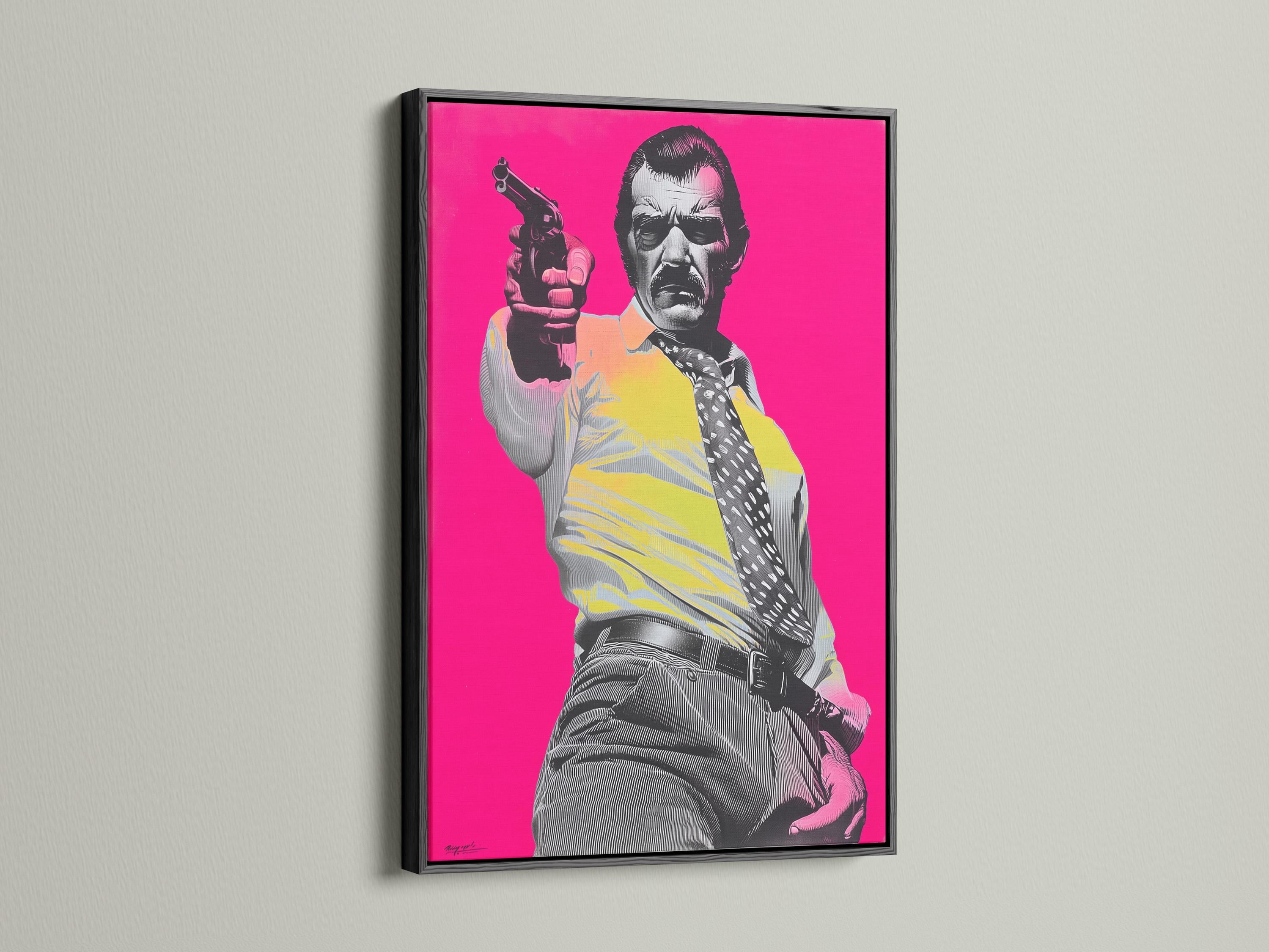Hot-pink pop-art portrait of a man holding a handgun in black-and-white halftone style detail view