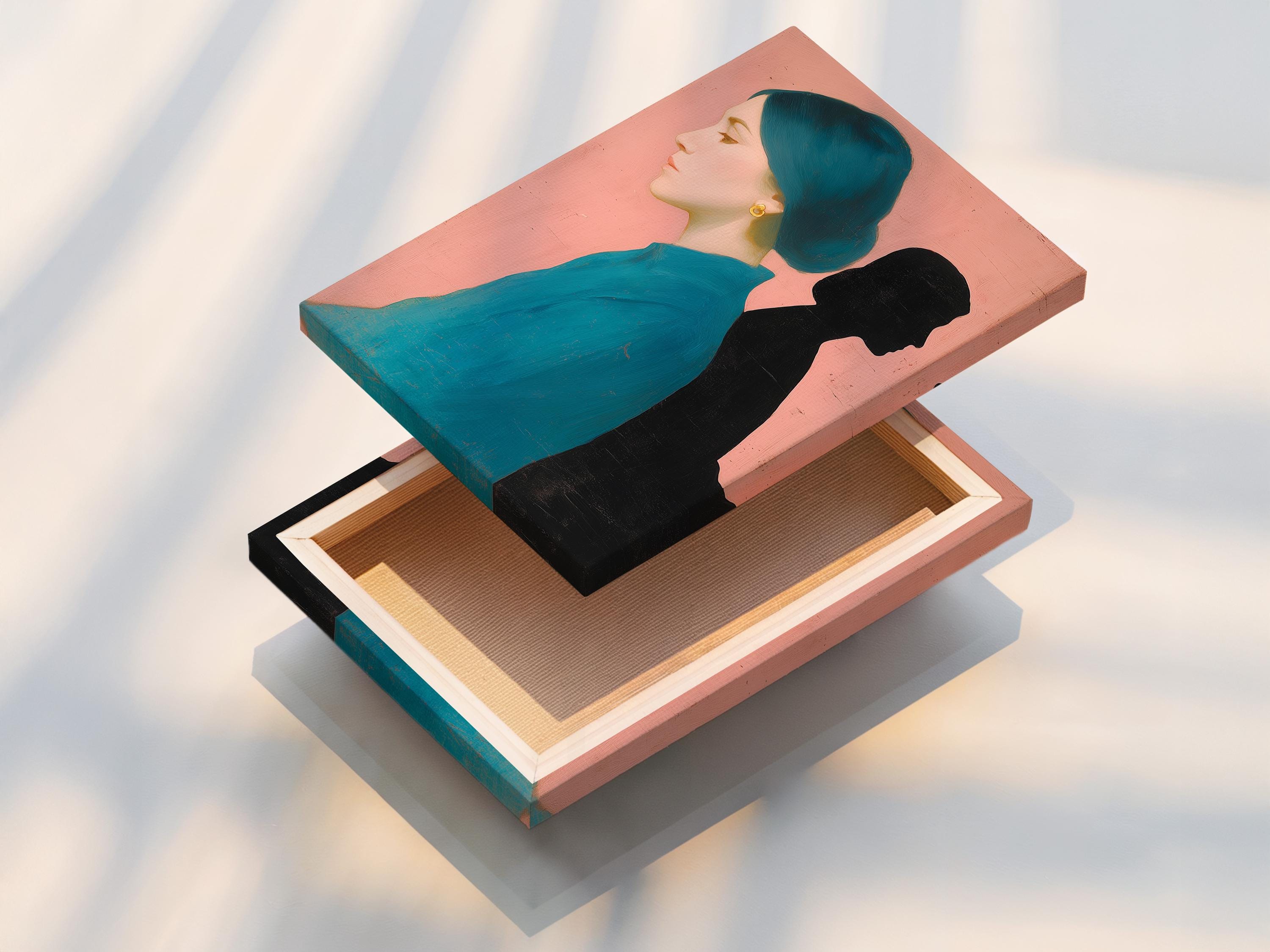 Wall mockup showing a teal and black dual portrait artwork with gold earring accents