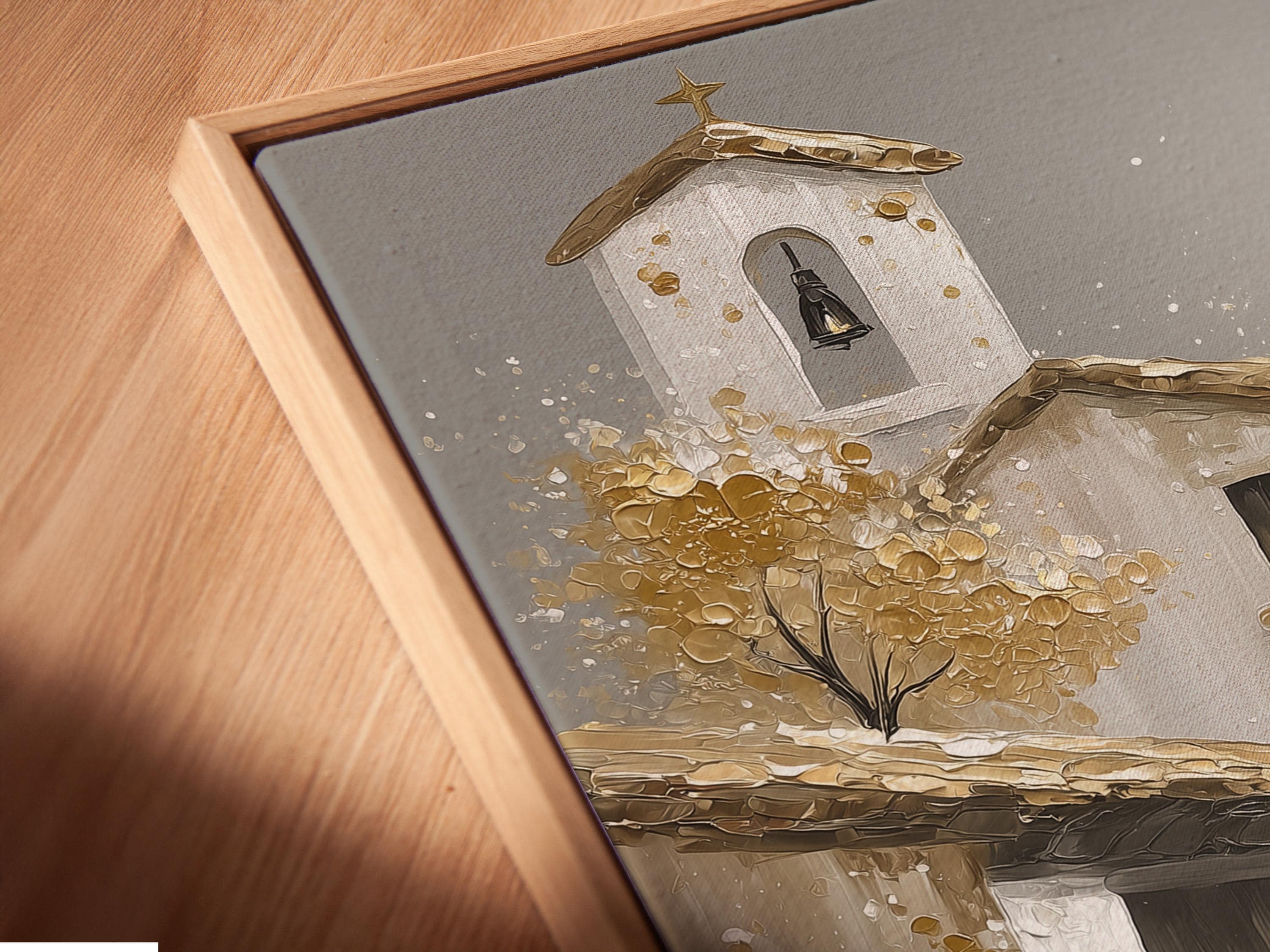 Stylised grey church exterior with a golden star ornament and shimmering gold and white flecks detail view