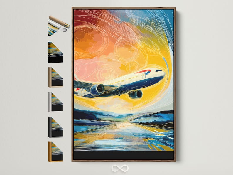 Stylised airplane illustration with swirling yellow, orange and blue lines