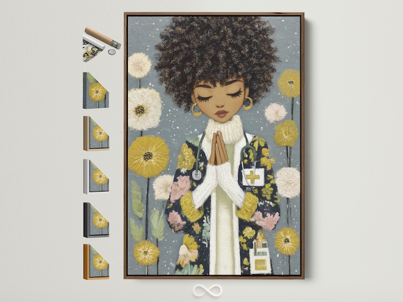 A stylised portrait of a praying woman appears in front of grey-blue flowers and gold sparkles, with closed eyes and hands held together