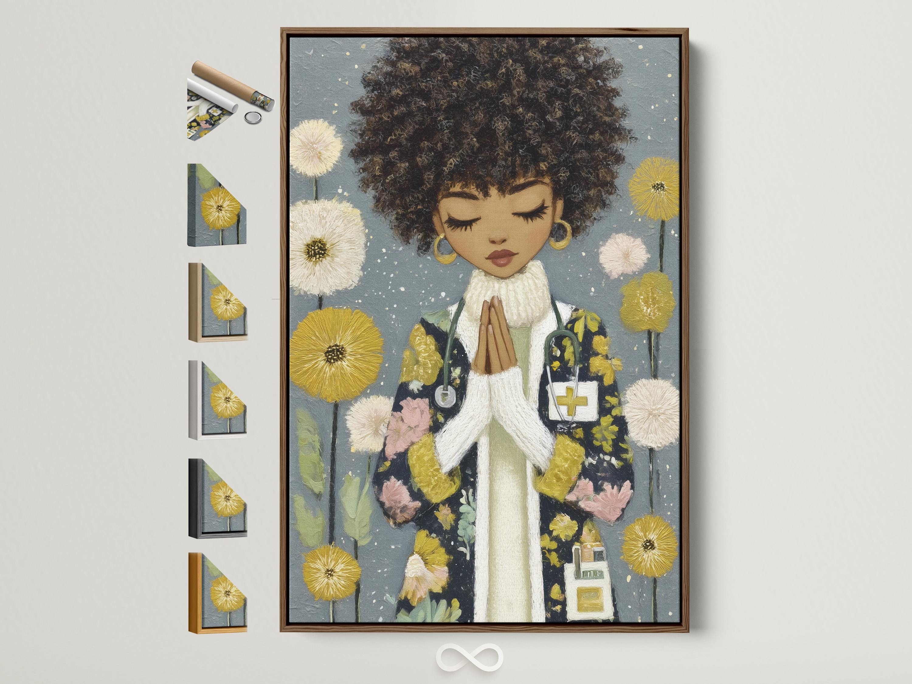 A stylised portrait of a praying woman appears in front of grey-blue flowers and gold sparkles, with closed eyes and hands held together