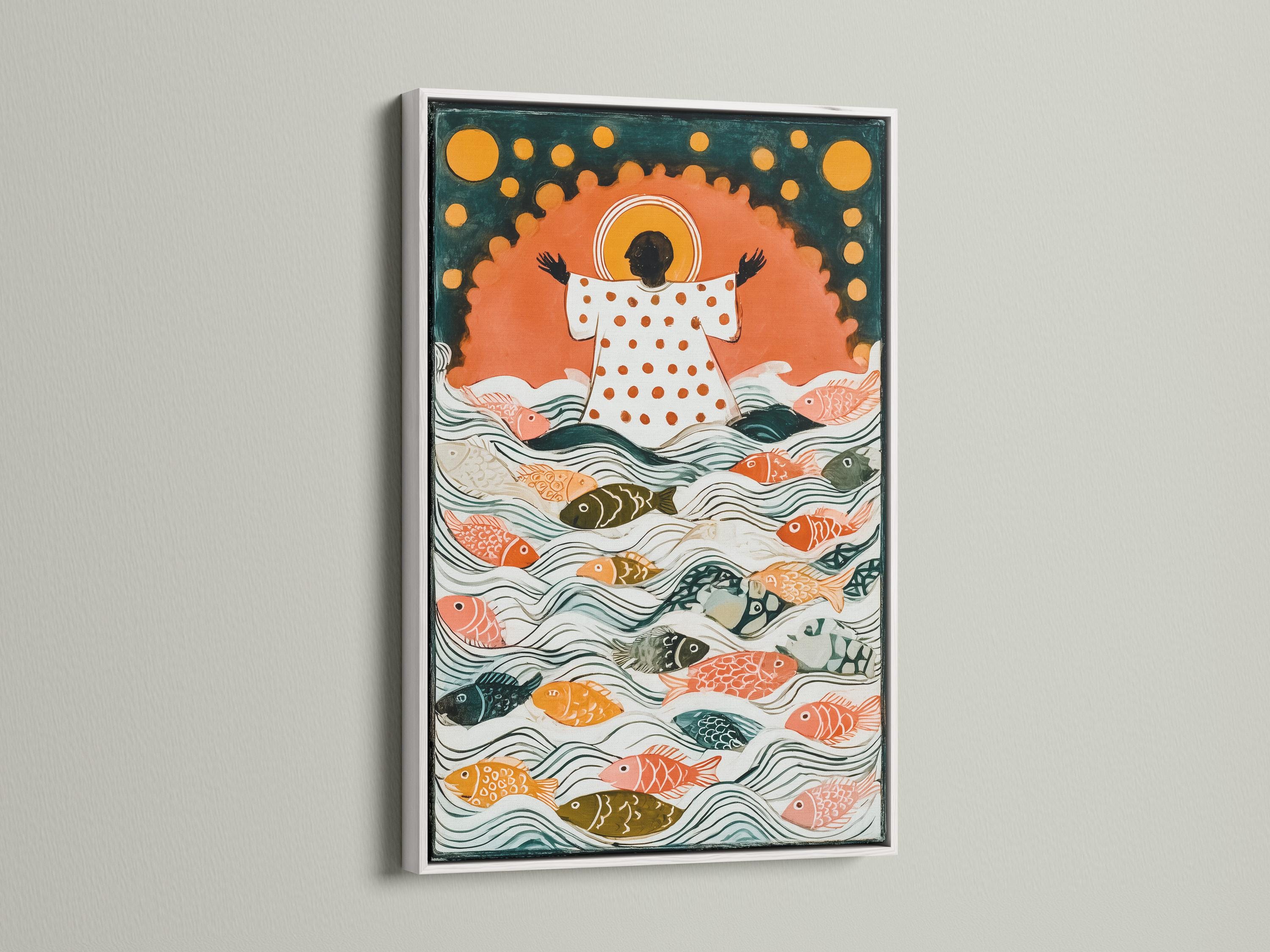 Illustrated underwater scene with many colourful fish swimming in teal and cream waves detail view