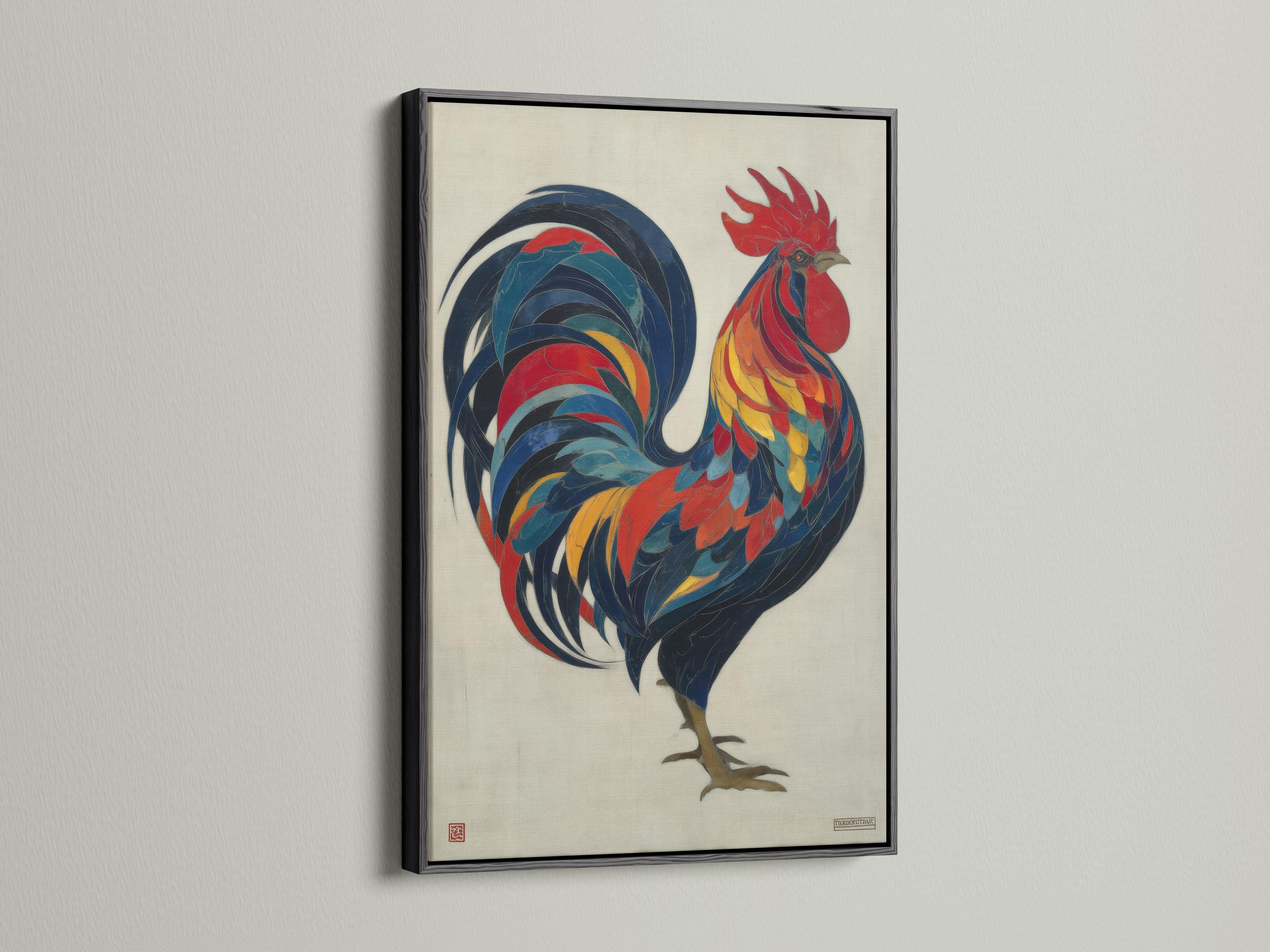 Colourful rooster illustration with layered red, blue and yellow feathers on an off-white background detail view