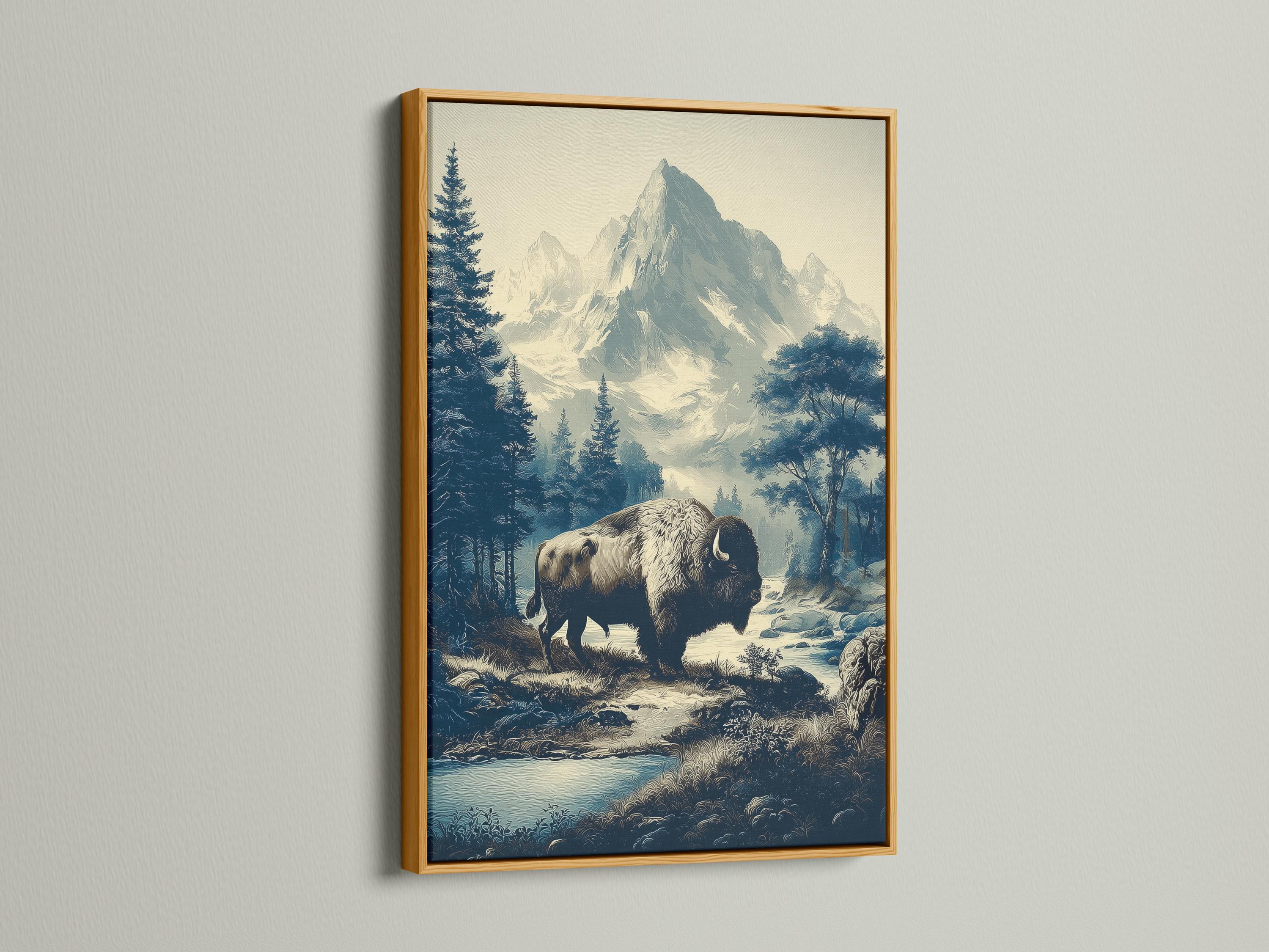 Bison standing in a forest and mountain landscape with pine trees and misty peaks detail view