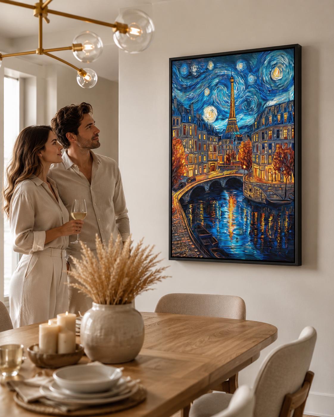 Woman hanging a framed night cityscape painting featuring the Eiffel Tower on a brick wall
