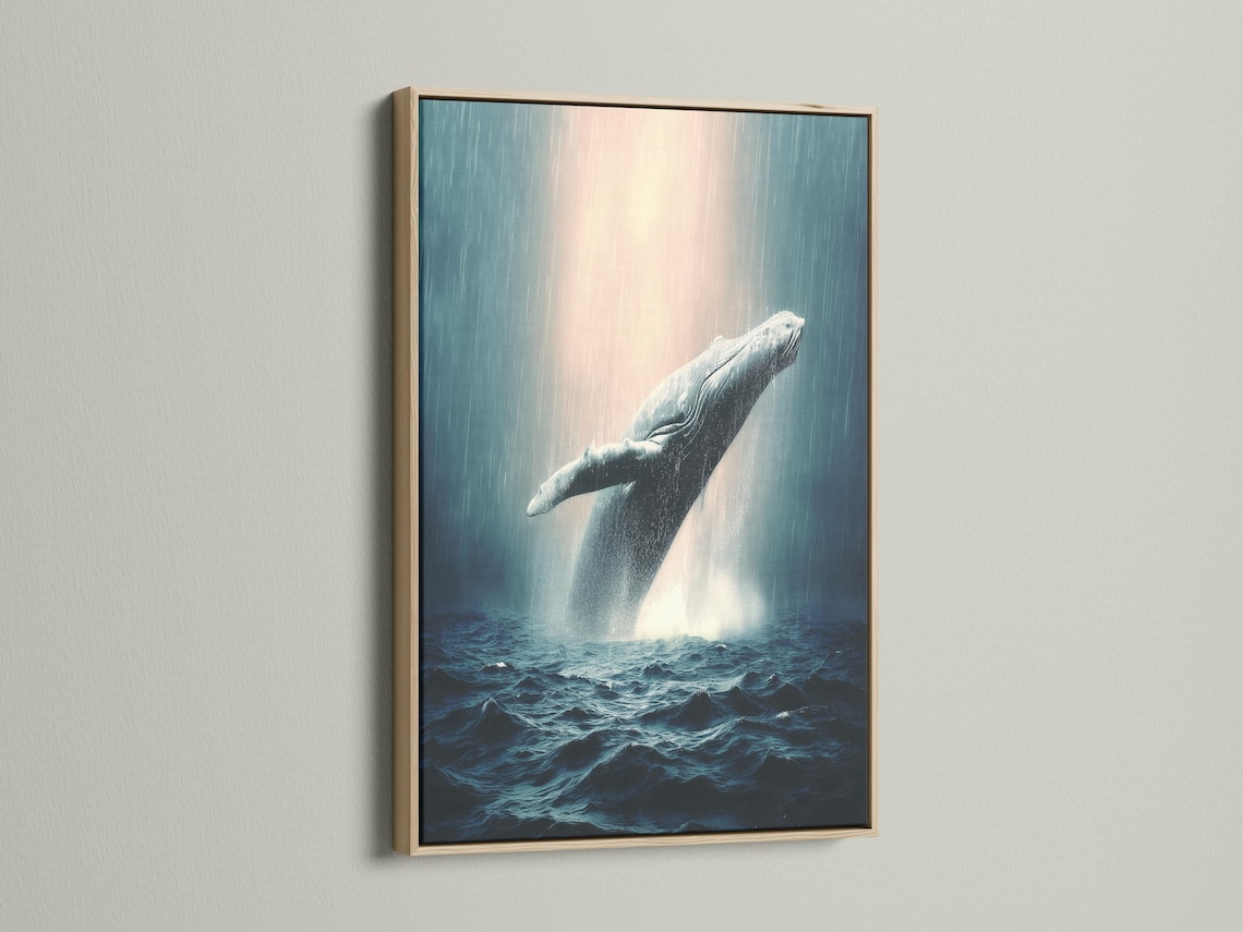 A breaching whale over choppy blue ocean waves with foamy spray and a misty pale sky detail view