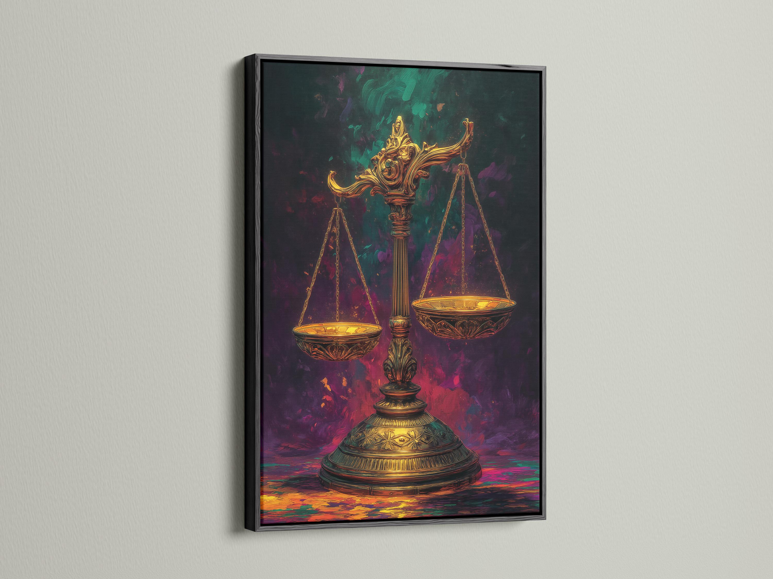 Framed artwork mockup showing ornate gold scales of justice against a smoky purple and green background