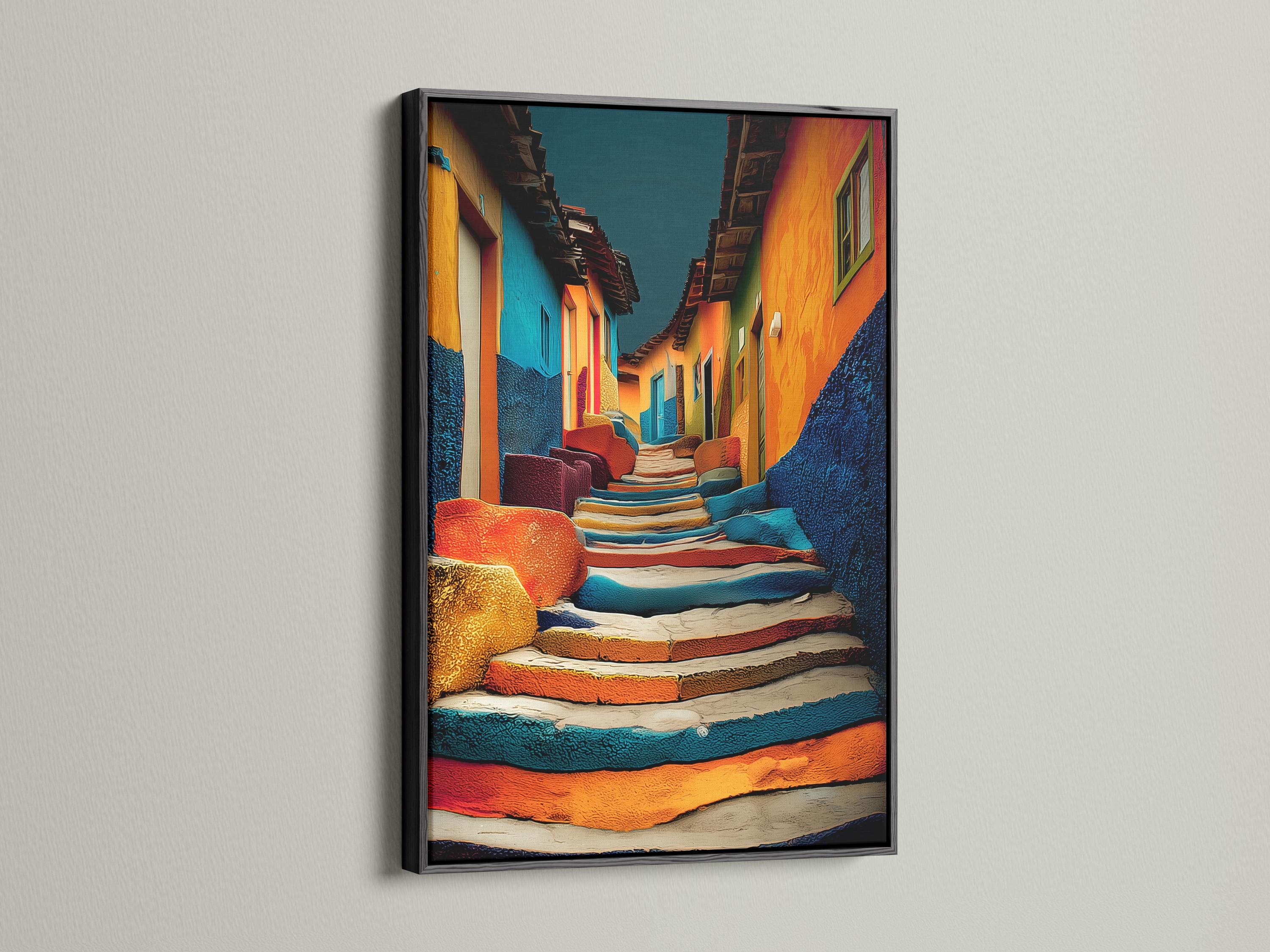 A vivid alleyway cityscape shows tall buildings in bright orange, cyan and blue, receding into a dark centre with textured, painterly shading detail