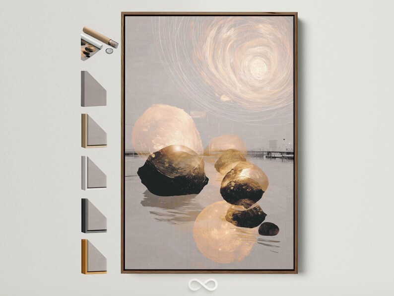 Neutral abstract stone landscape with a pale circular swirl and subtle gold accents