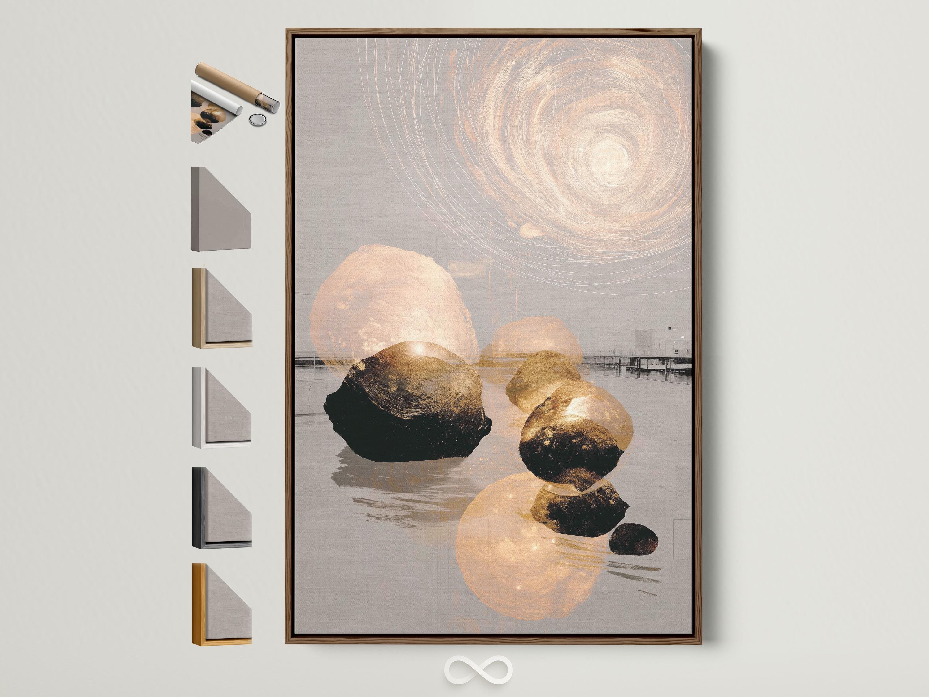 Neutral abstract stone landscape with a pale circular swirl and subtle gold accents