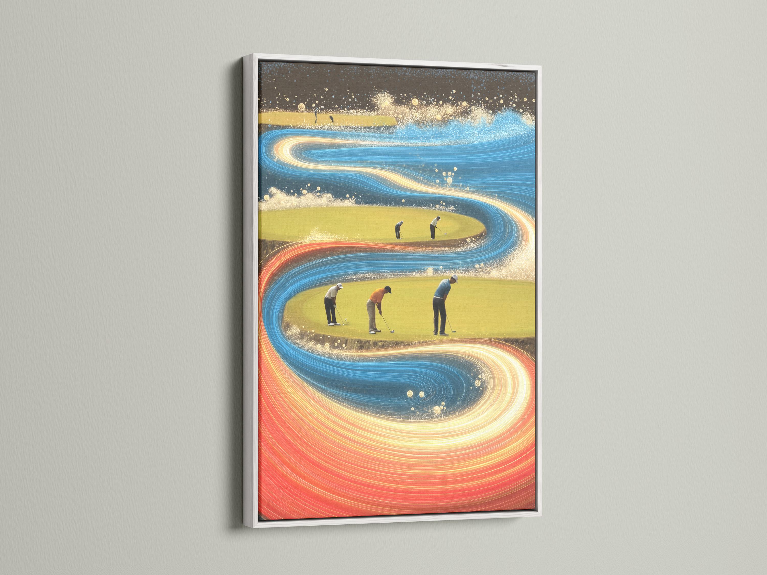 Abstract golf course scene with swirling blue and gold motion bands and small golfer figures detail view