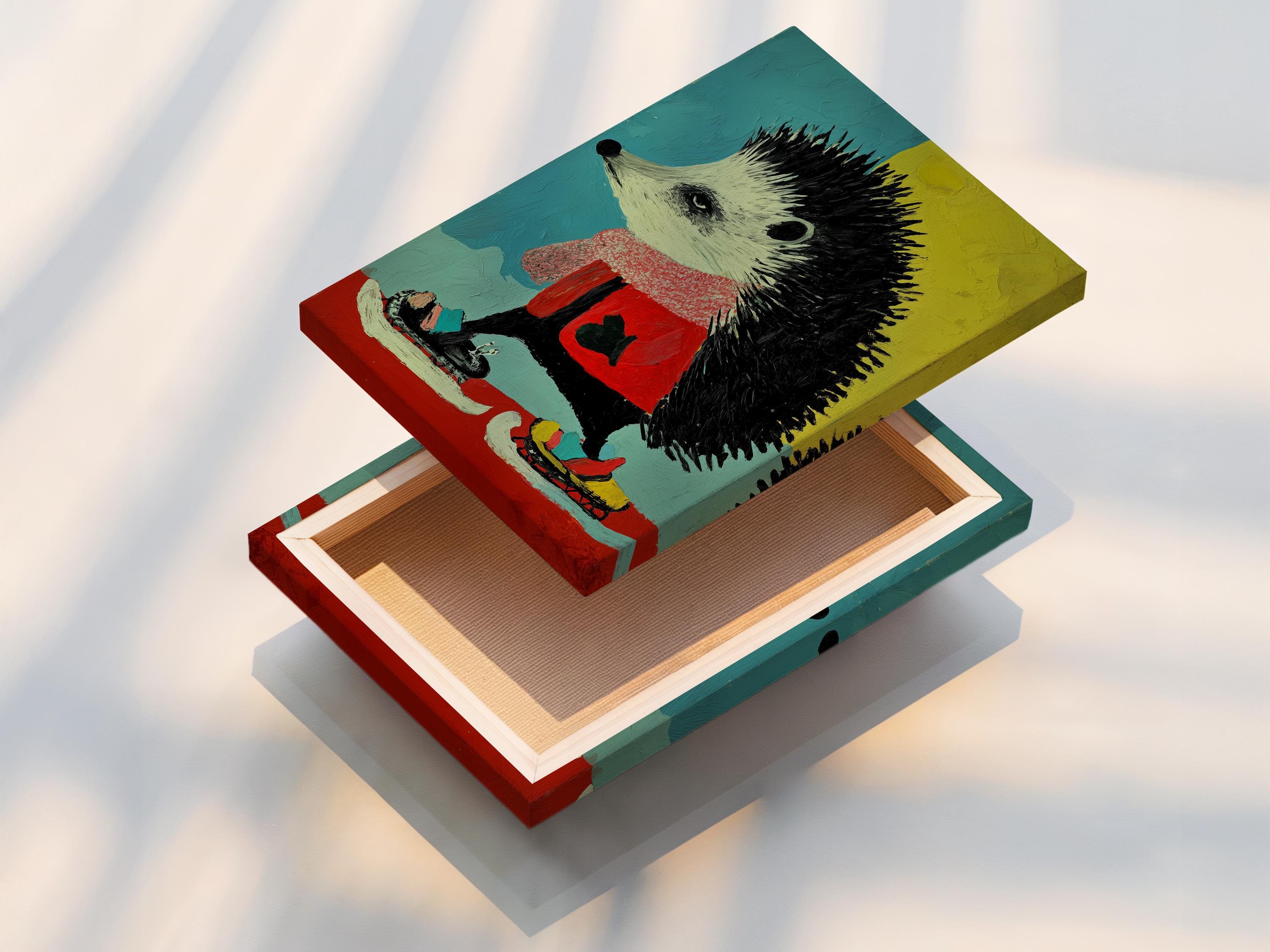 Cartoon hedgehog with a red jacket on a teal, yellow and red graphic background detail view