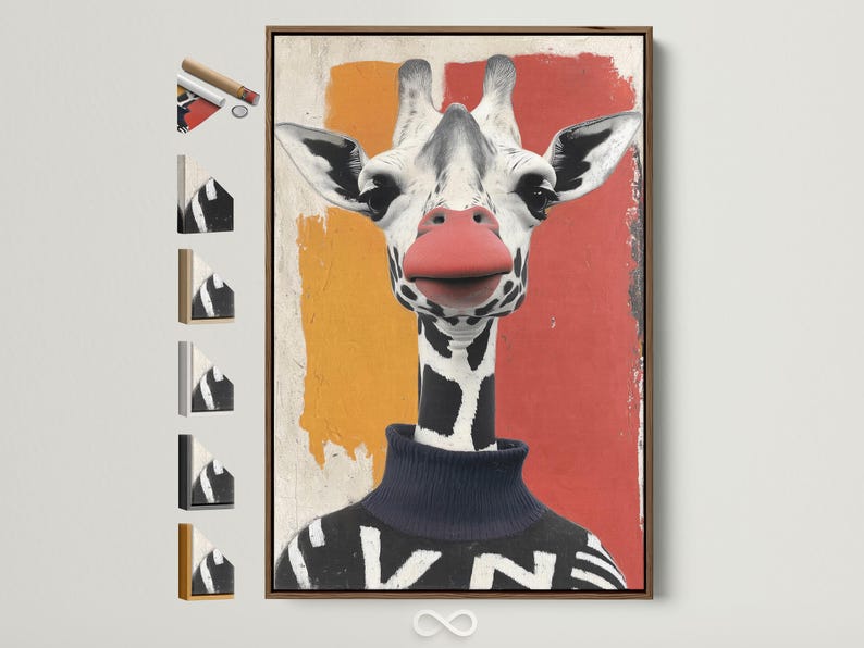 Stylised giraffe portrait with a red nose and black-and-white spots on a textured off-white background