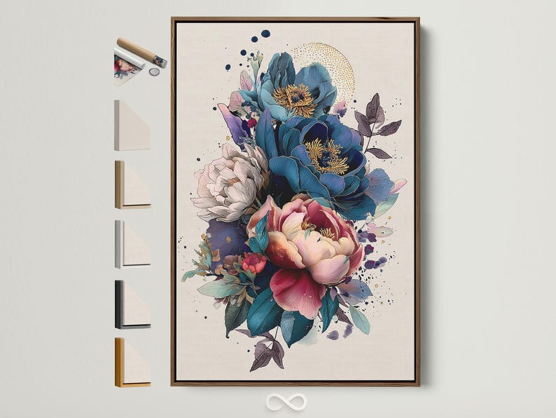 Painterly peony floral illustration with teal foliage, pink petals and subtle gold specks