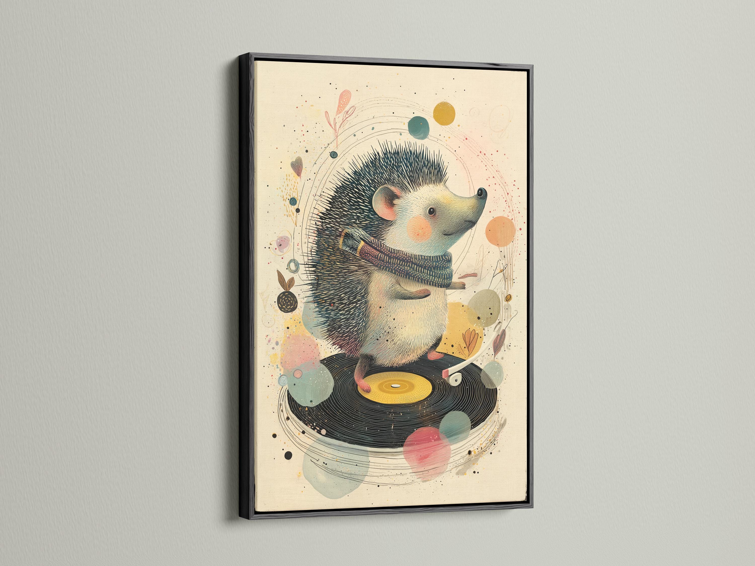 Illustrated hedgehog facing right over a vinyl record with music-themed speckles detail view
