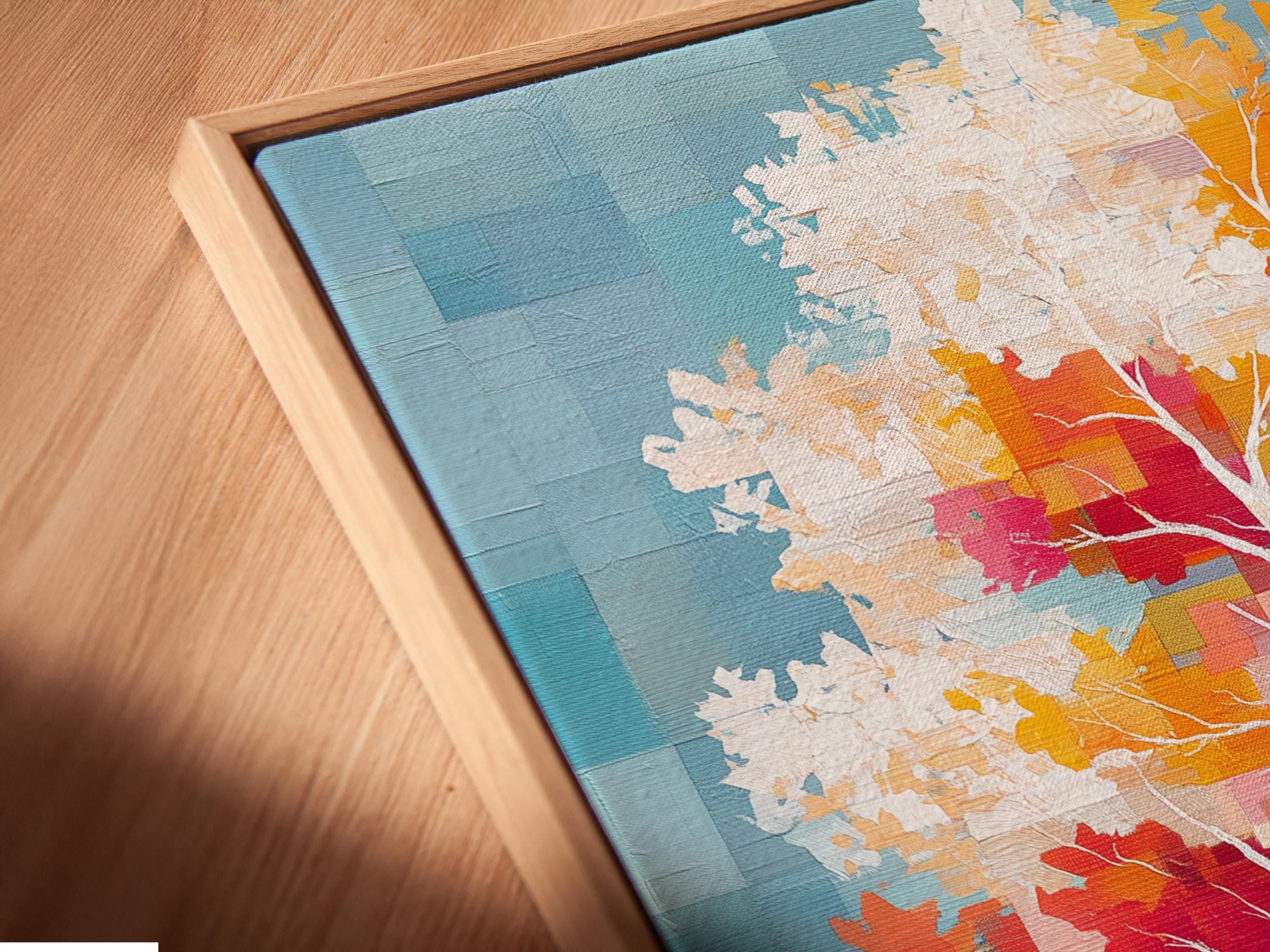Stylised tree with white trunk, colourful autumn leaf blocks, and cool blue pixel background detail view