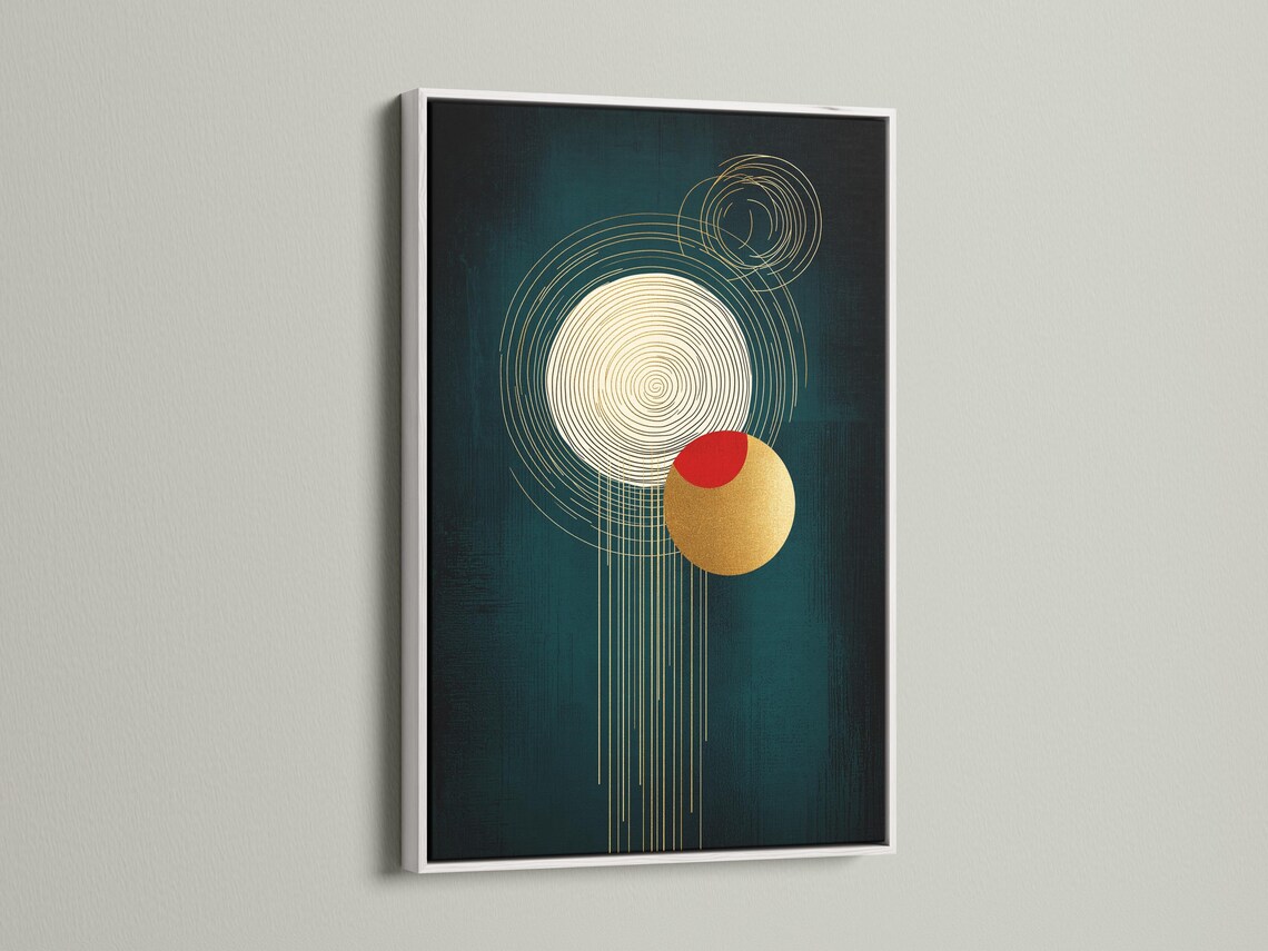 A teal abstract background features intersecting golden line circles, a red circle accent, and a gold disc with draping vertical lines detail view