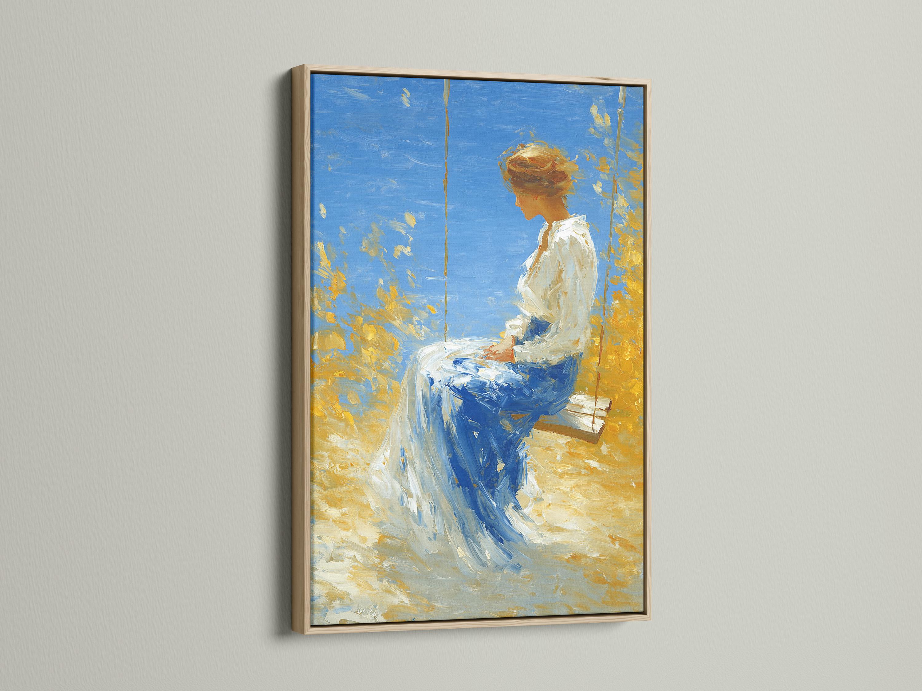 Painterly woman on a swing in blue and gold tones under a bright sky detail view