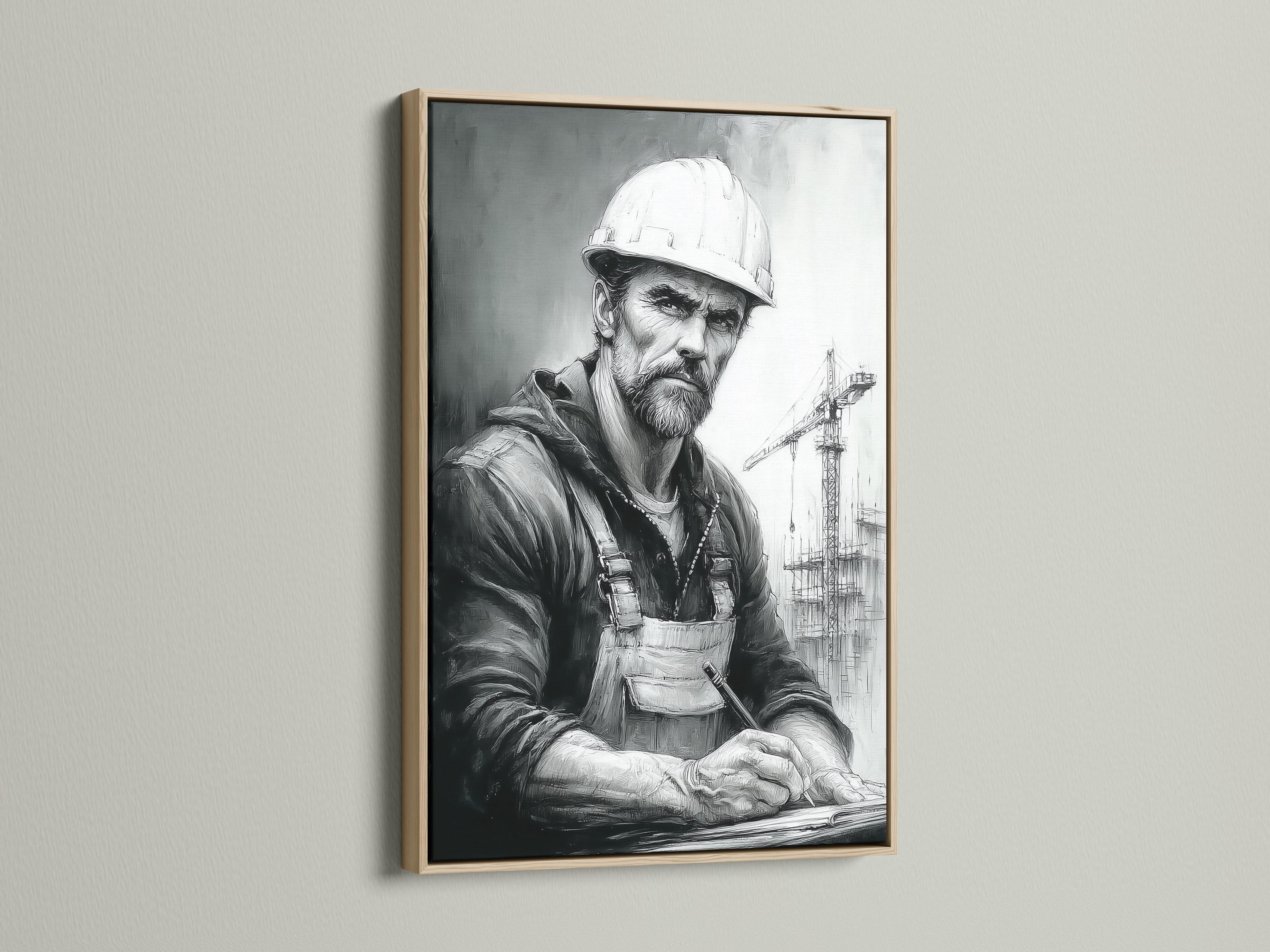 A wall mockup showing framed portrait options next to a monochrome construction worker artwork