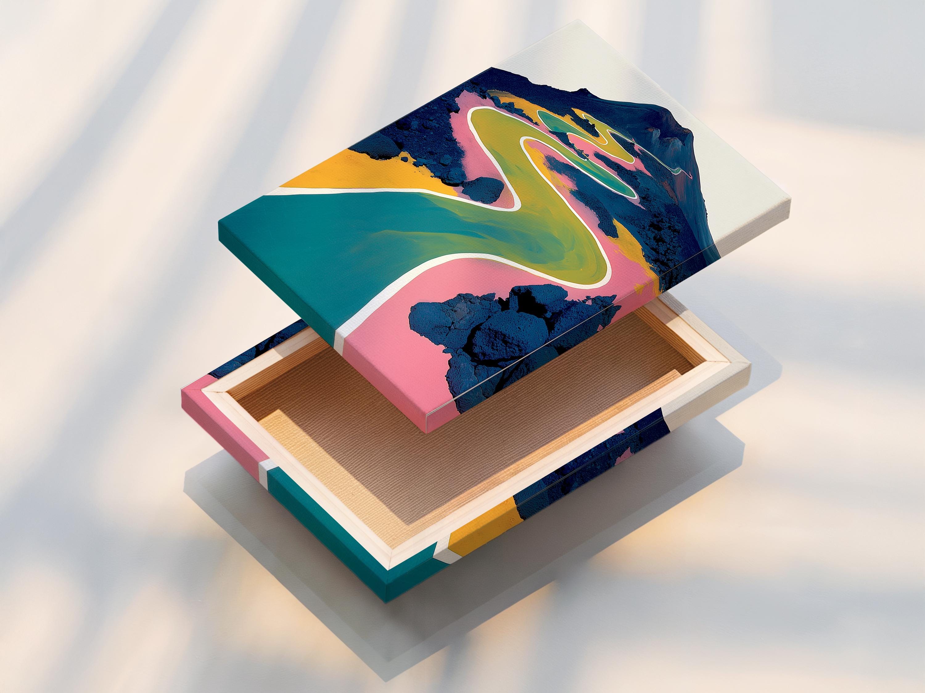 Winding road-like path through a stylised mountain landscape with teal, yellow and pink colours detail view