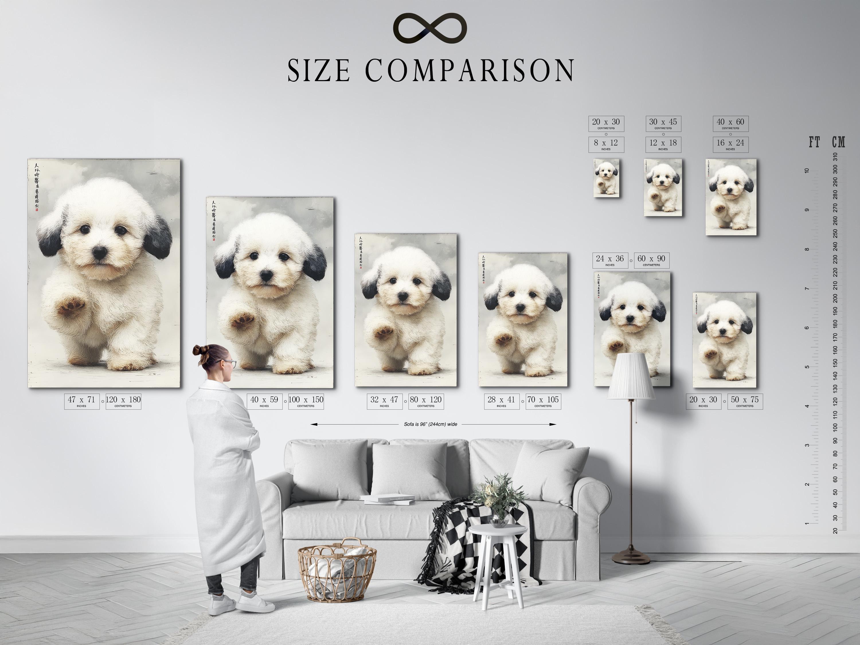 Textured cream puppy portrait with dark ears and faint characters in the top-left detail view