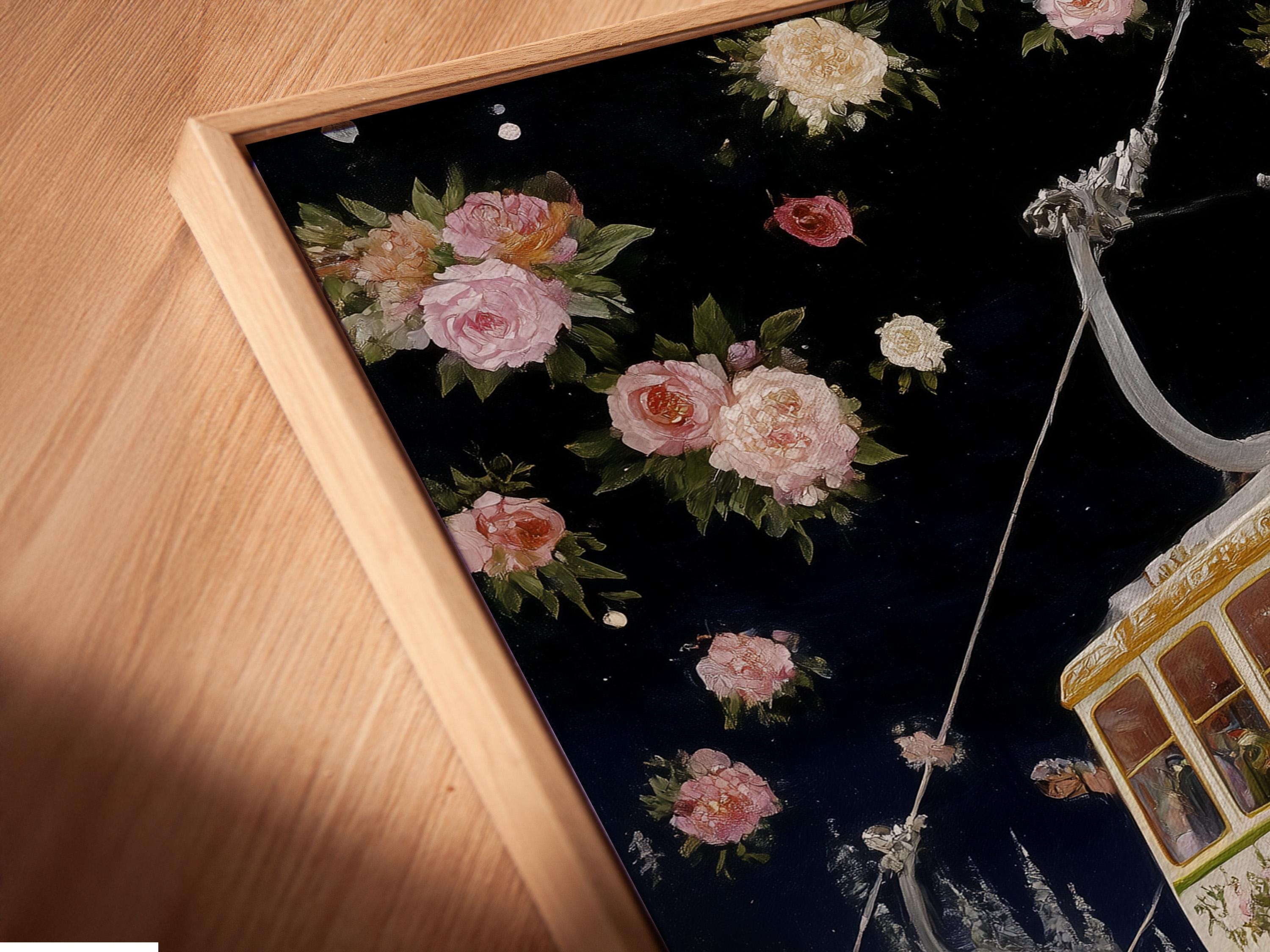 Vintage cable car over a snowy ski village with pink flowers in a winter landscape detail view